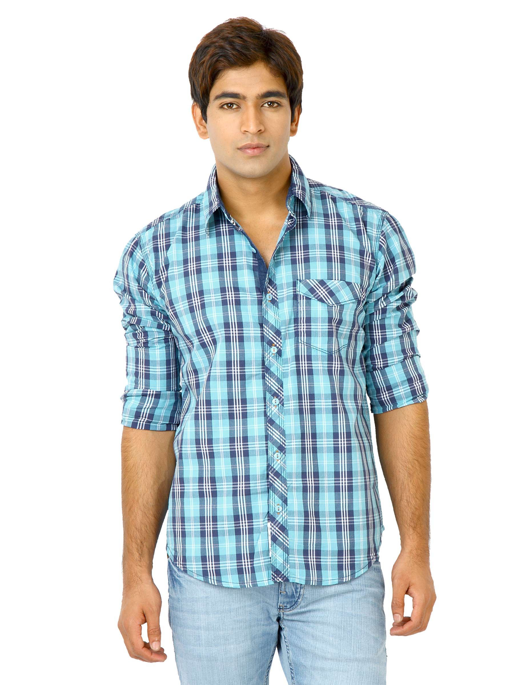 Highlander Men Blue Checked Hahn Slim Fit Shirt