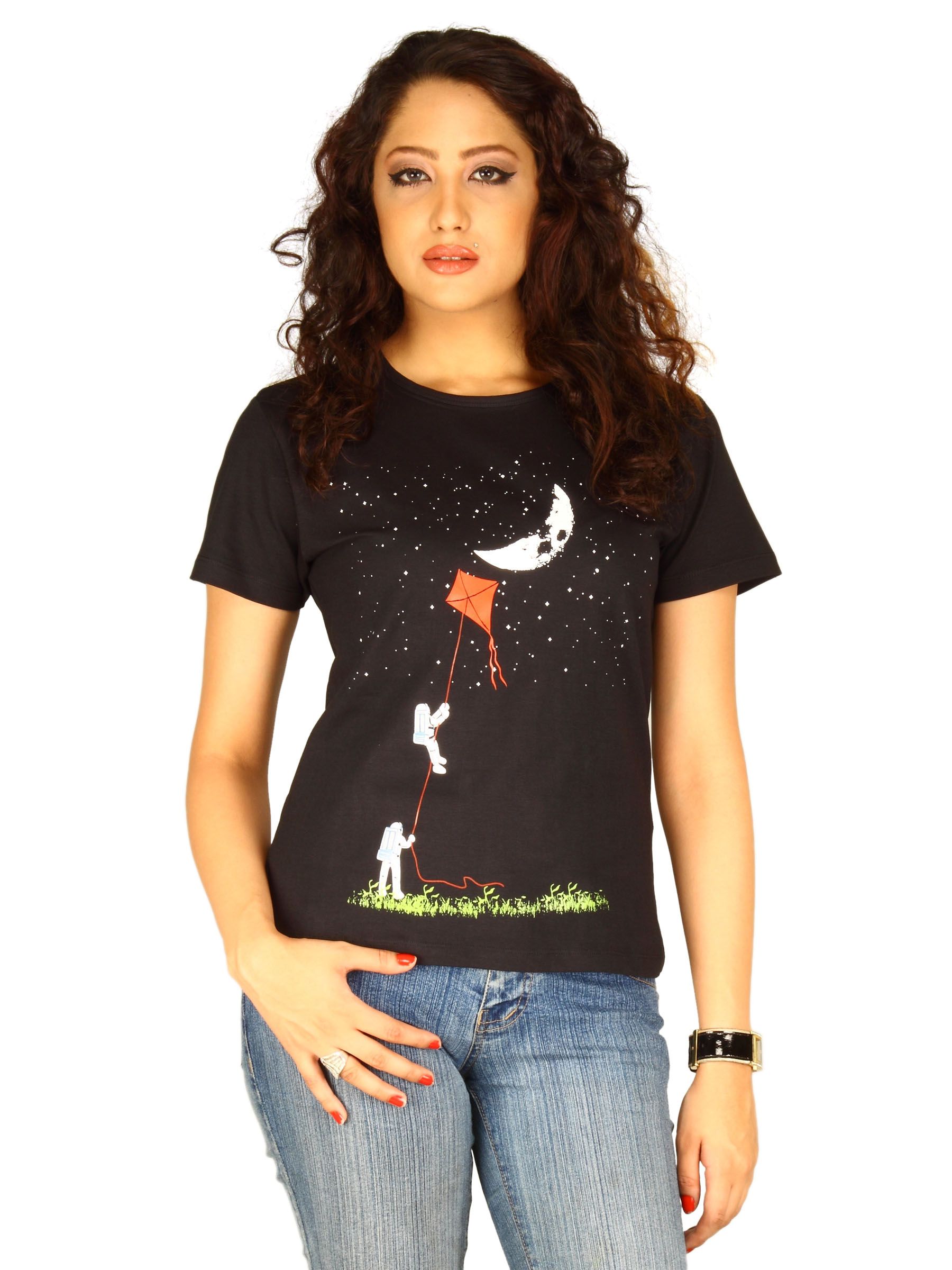 Myntra Women's Reaching The Moon Black T-shirt