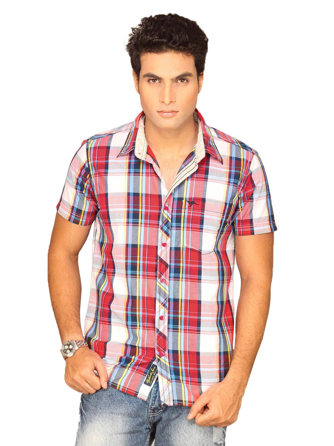 Highlander Men Red Blue Checked Slim Fit Shirt