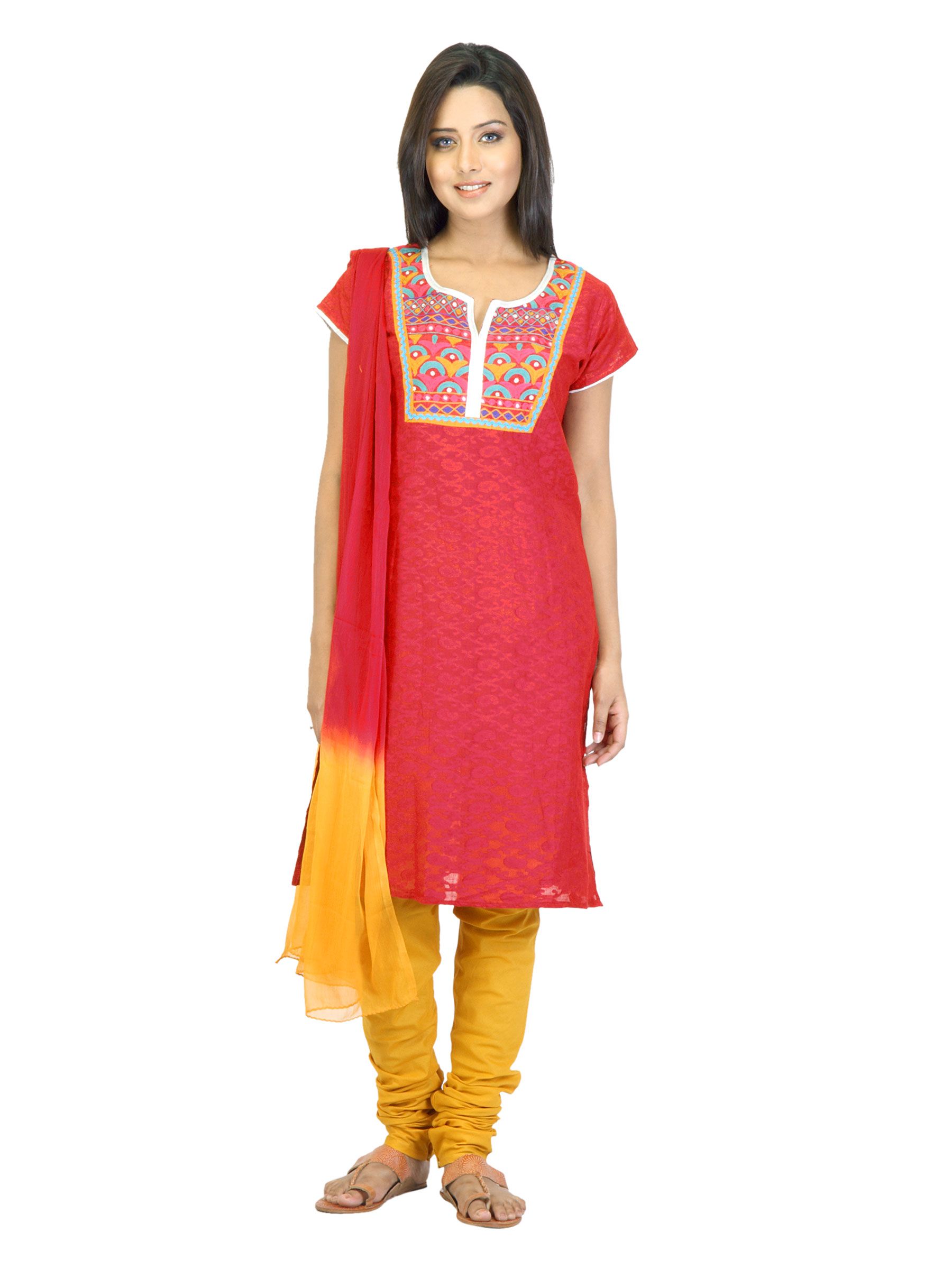 Vishudh Women Red & Yellow Churidar Kurta with Dupatta