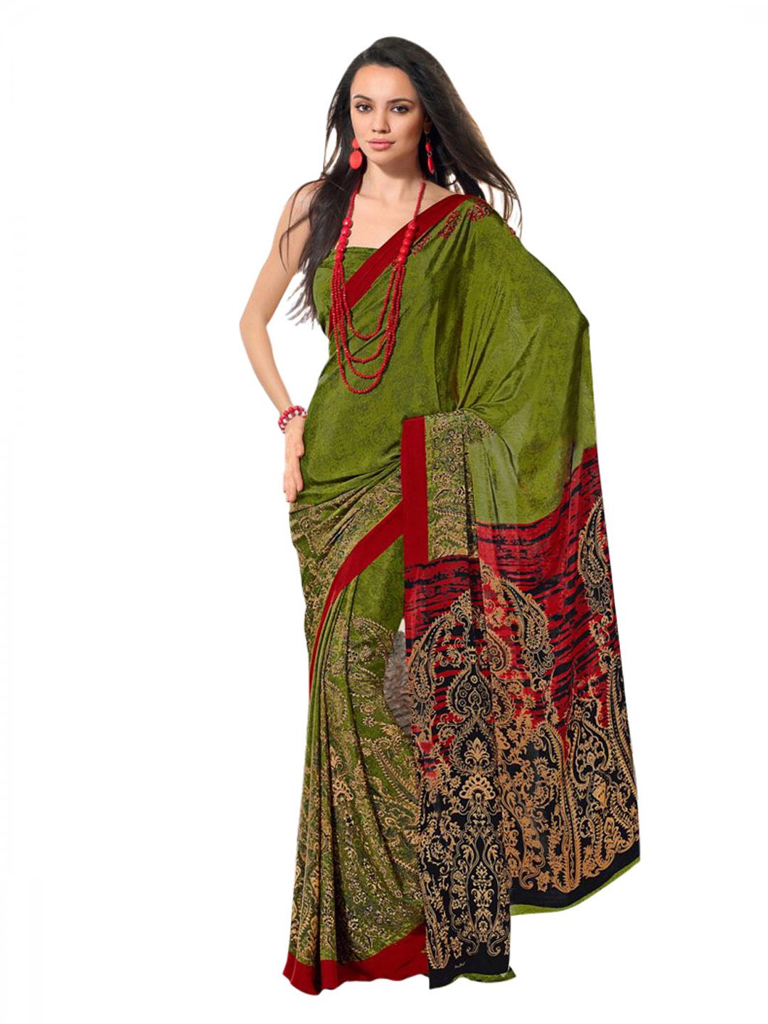 Prafful Green & Beige Crepe Sari