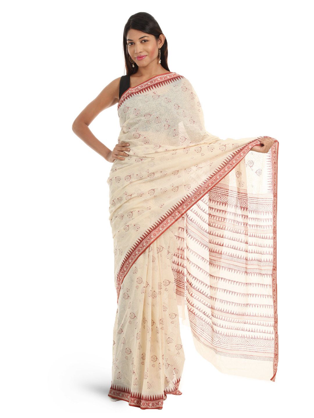 Fabindia Cream-Coloured & Red Hand Printed Saree