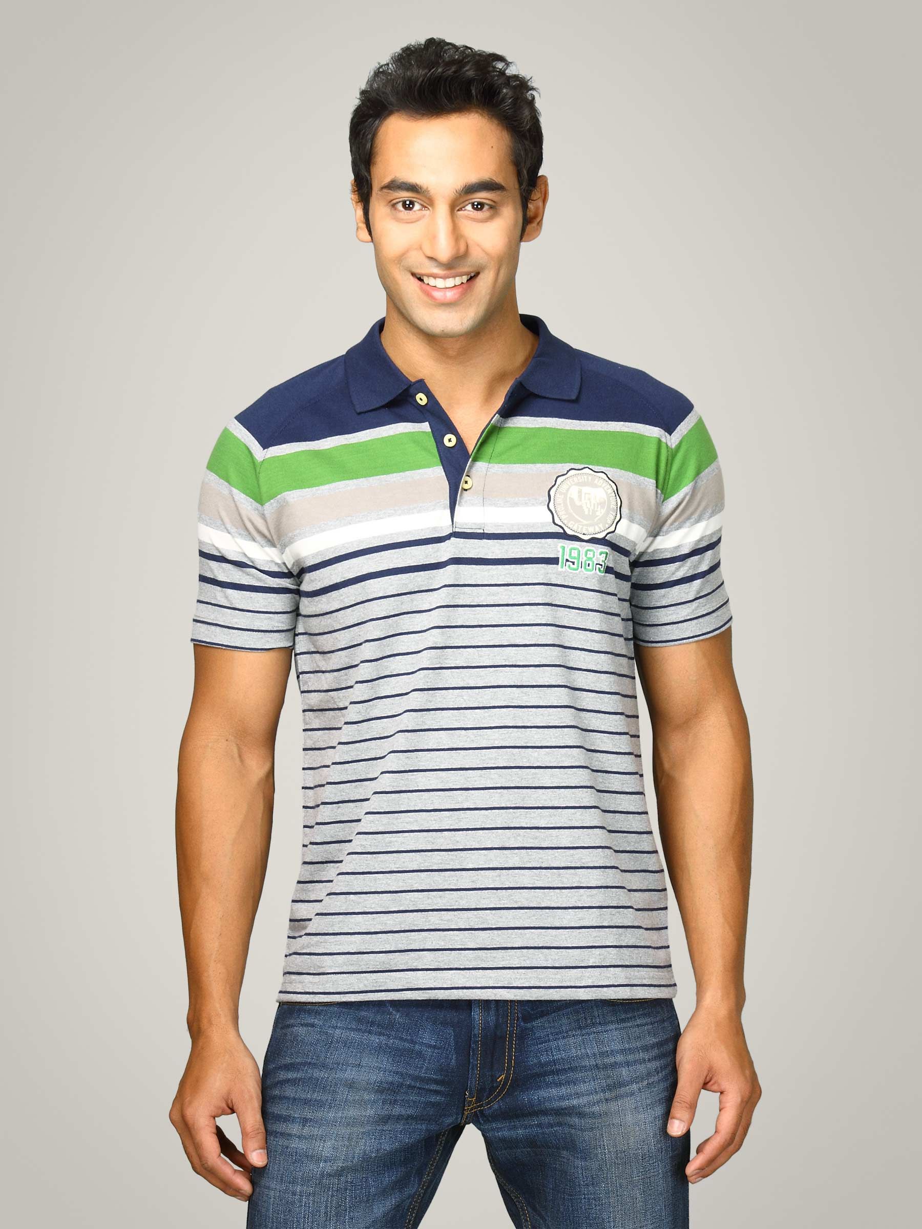 Proline Men Grey & Navy Striped Polo T-shirt