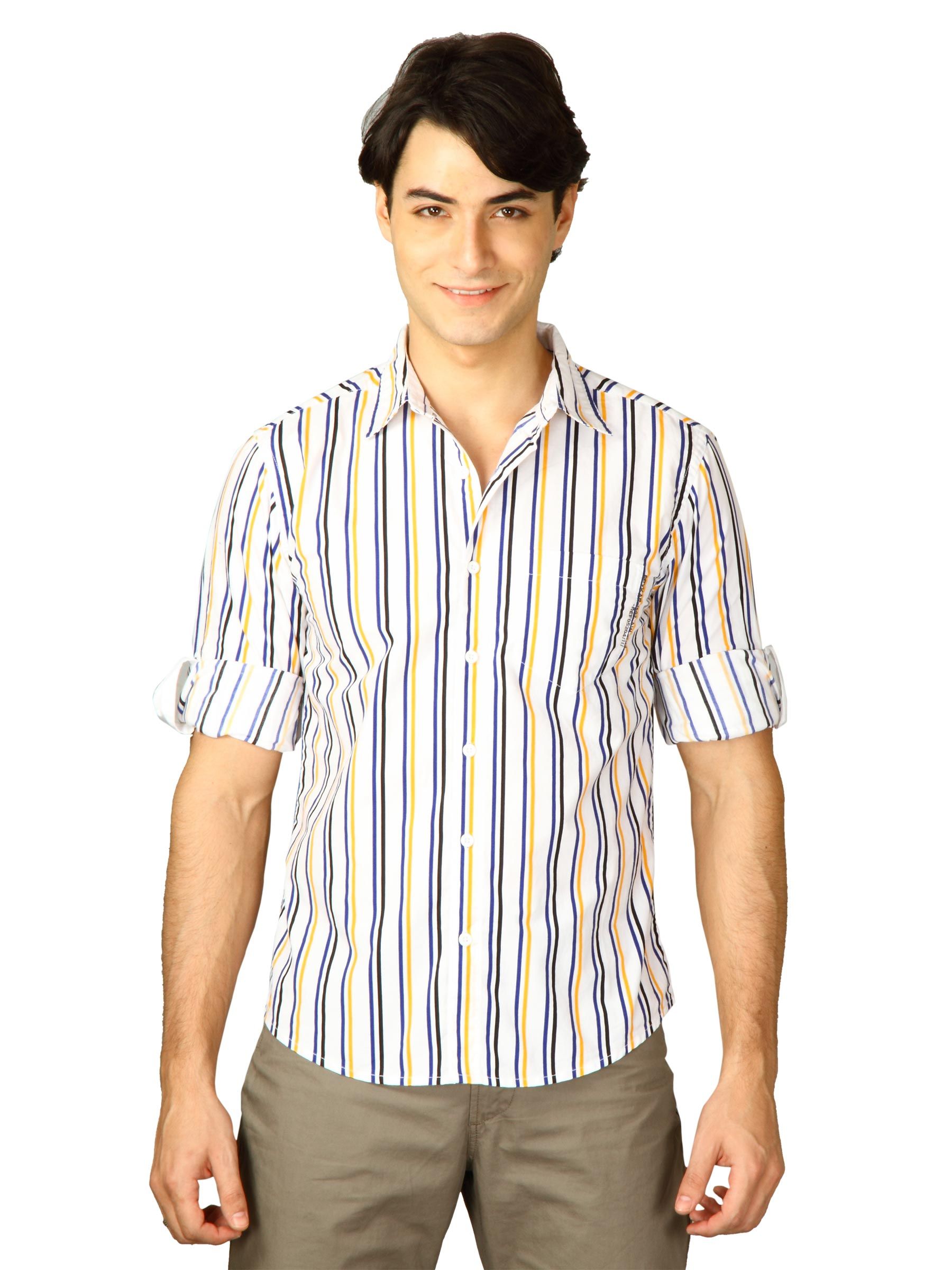 Spykar Men Ranger Yellow N Blue Stripes White Shirts