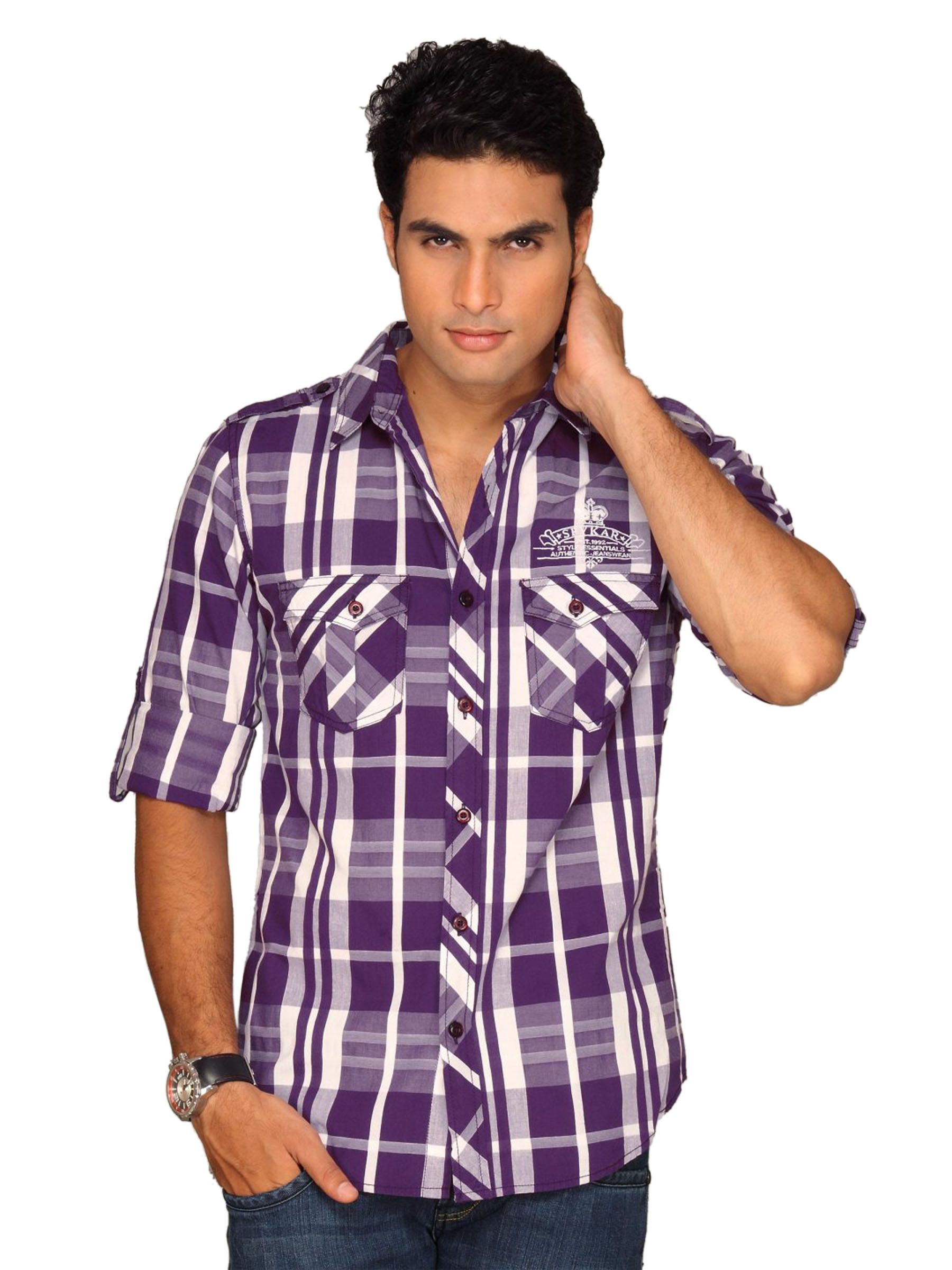 Spykar Men Purple and white Check Shirt