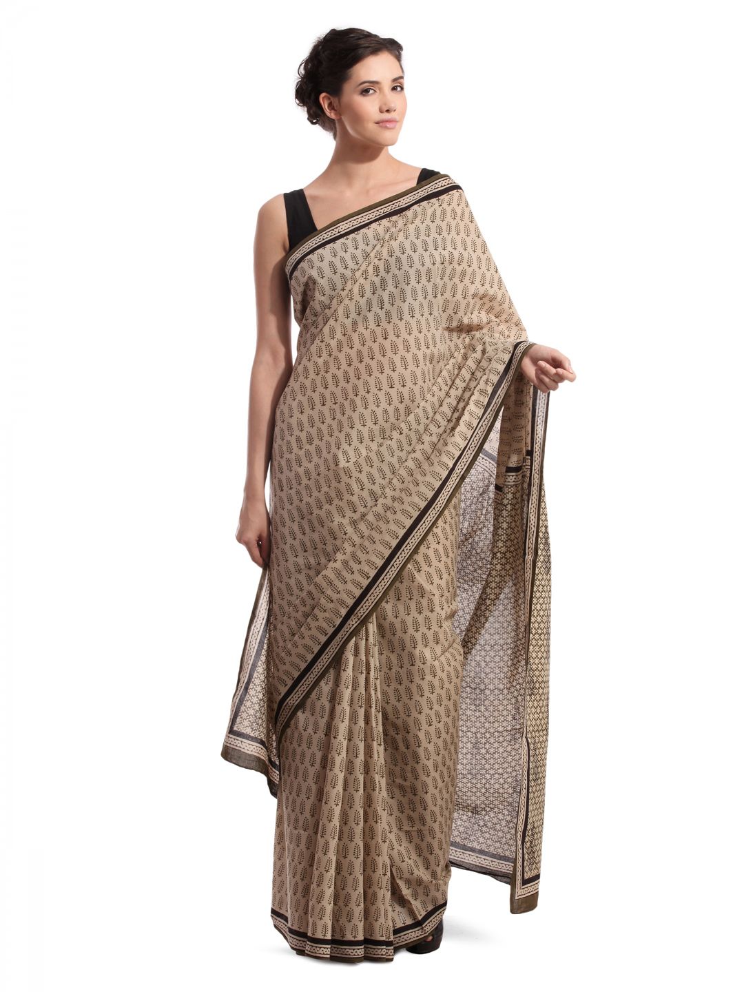 Fabindia Beige Jaipur Print Cotton Sari