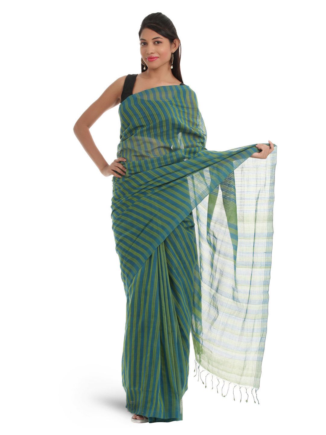 Fabindia Green & Blue Striped Mangalgiri Saree