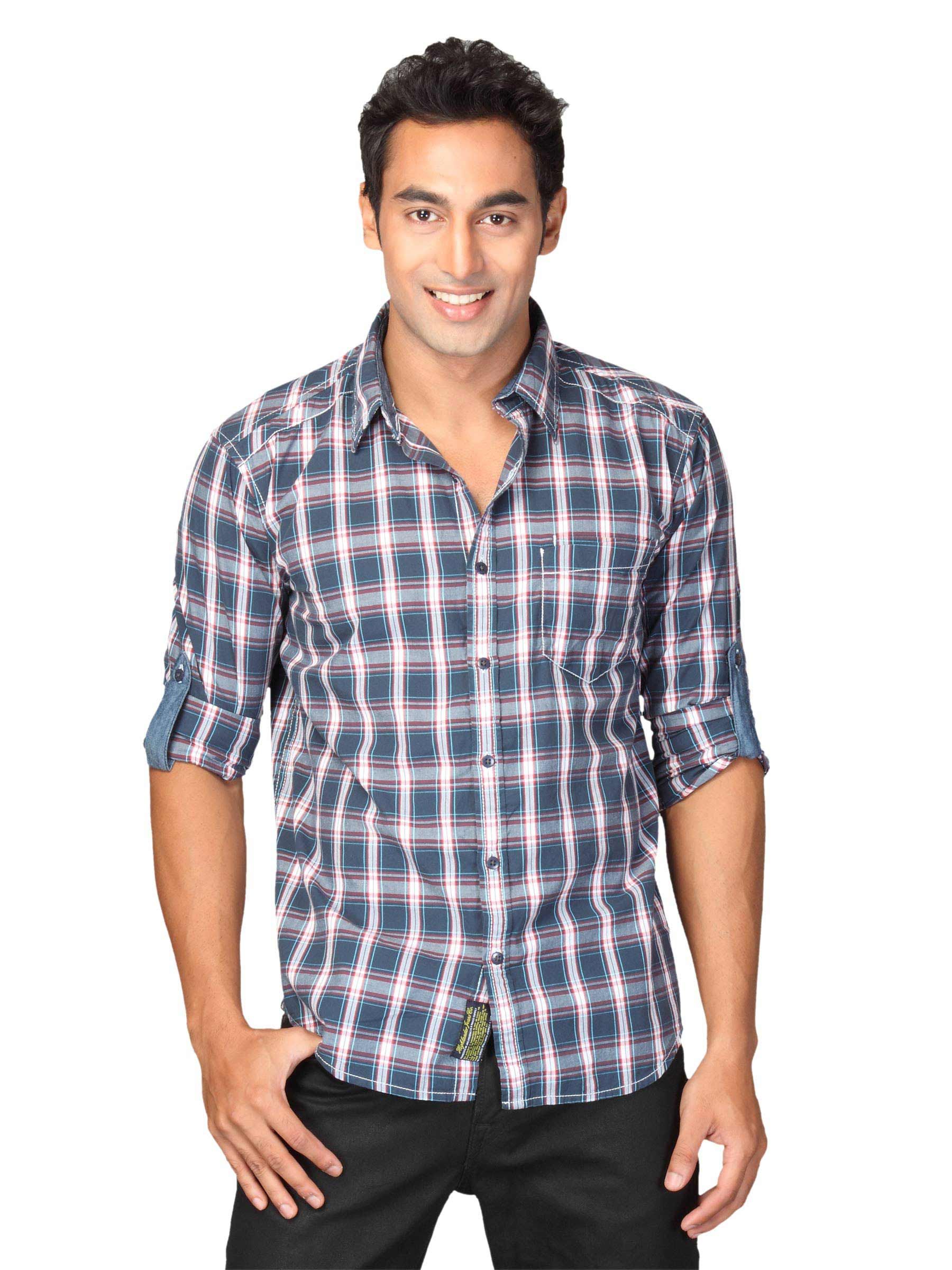 Highlander Men Blue Checked Haddon Slim Fit Shirt