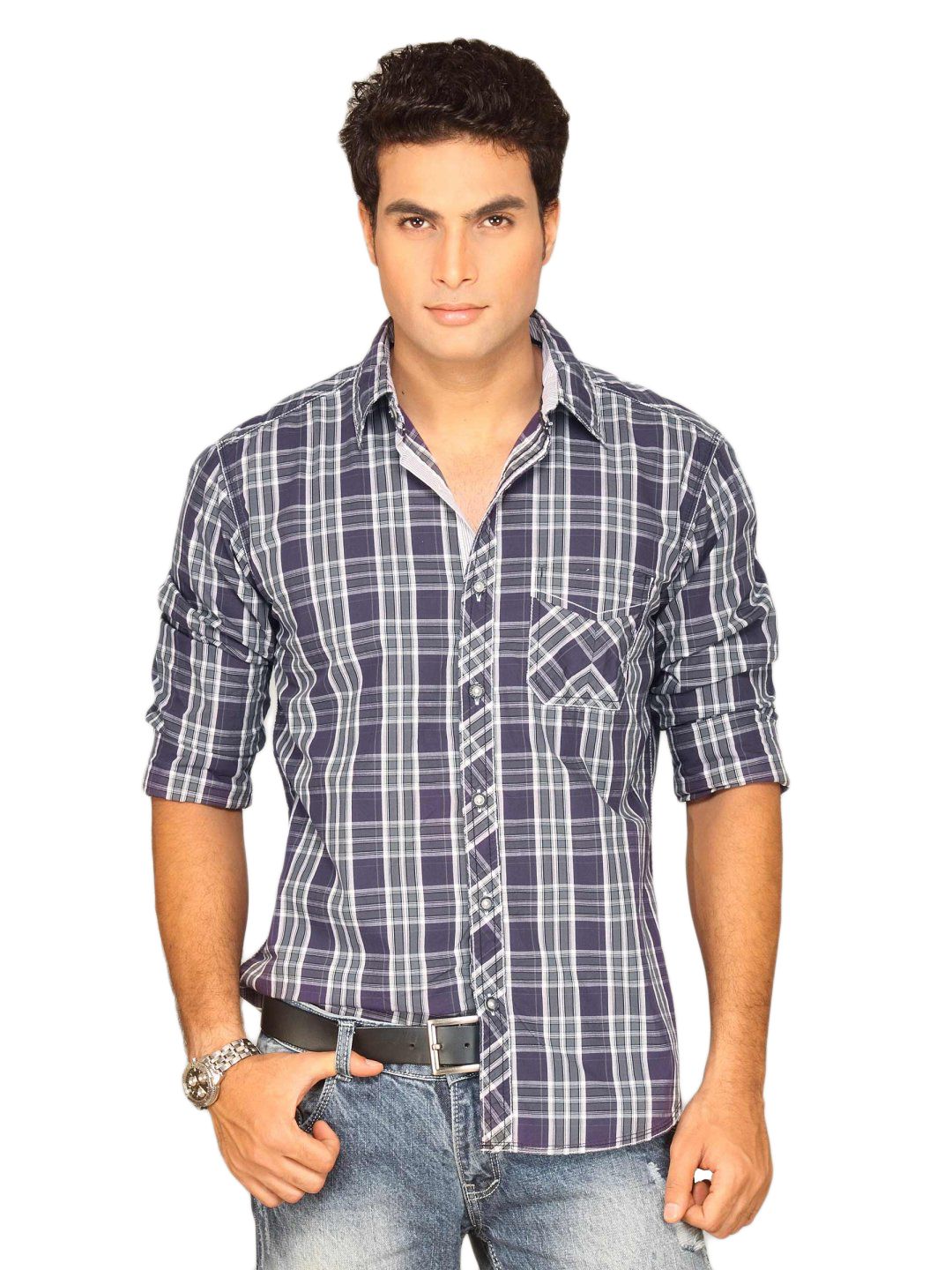 Highlander Men Purple Grey Checked Shirt