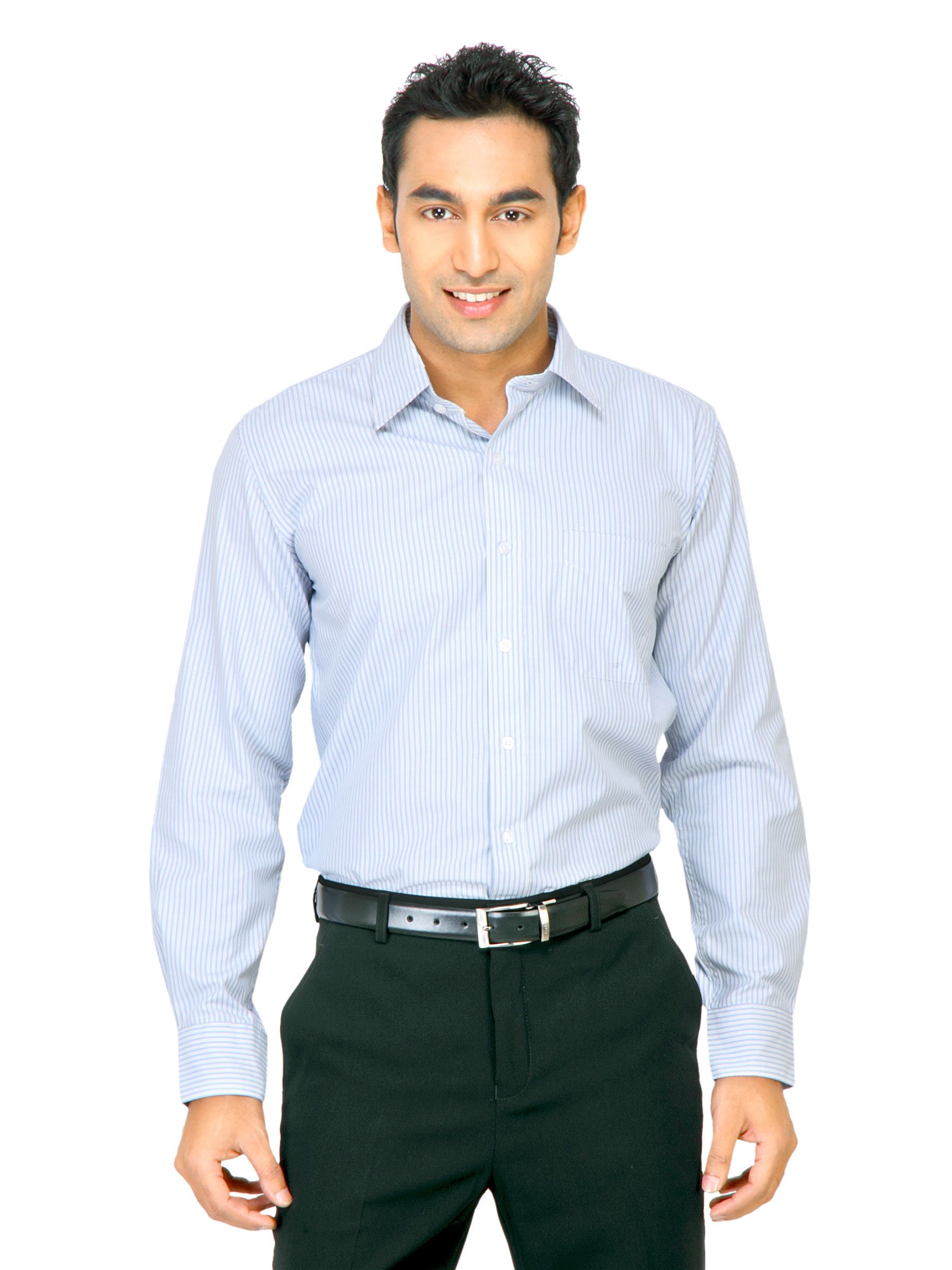 Mark Taylor Men Light Blue Thin White & Grey Striped Shirt
