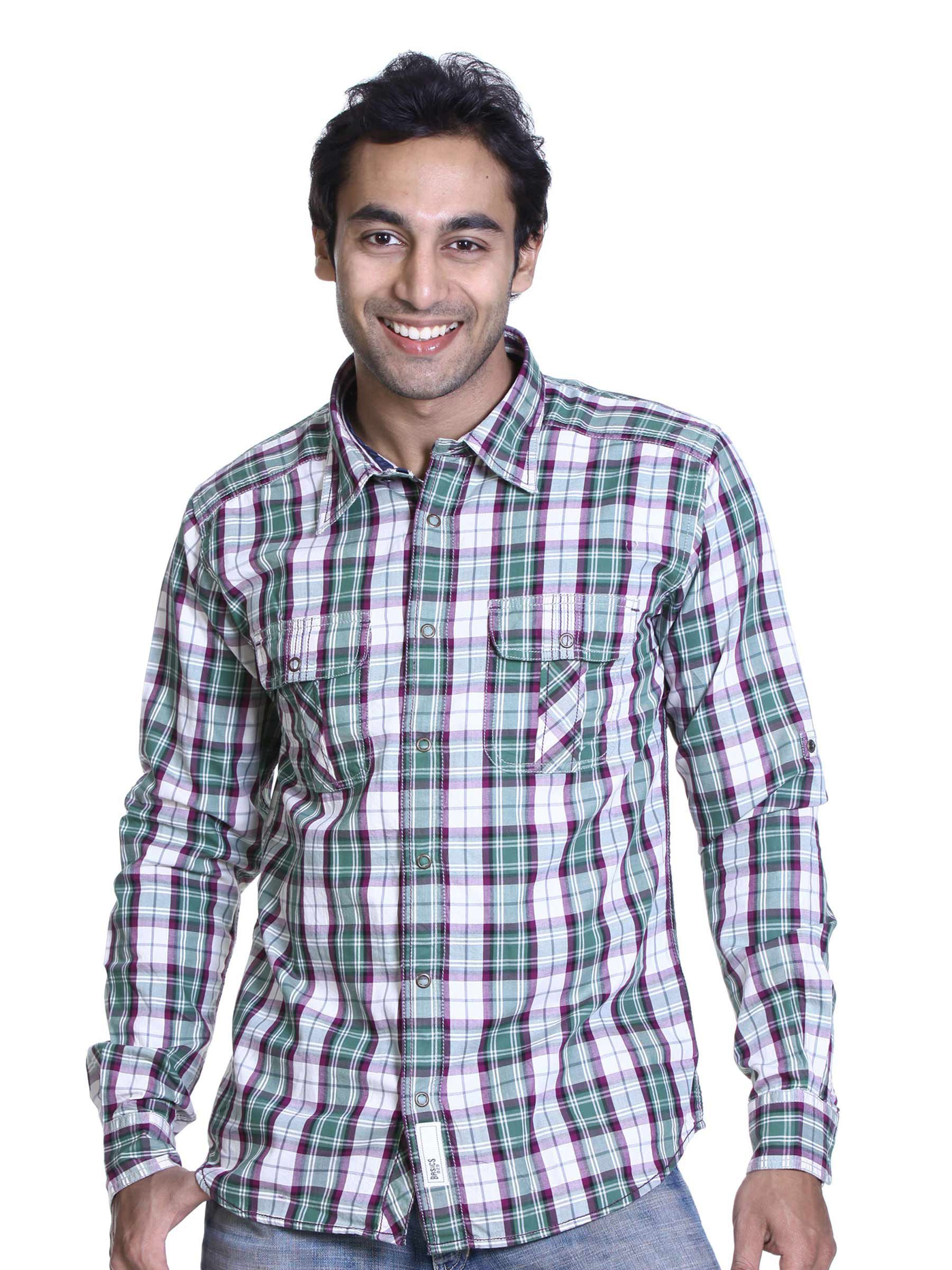 Basics Men Green & Cream Slim Fit Shirt