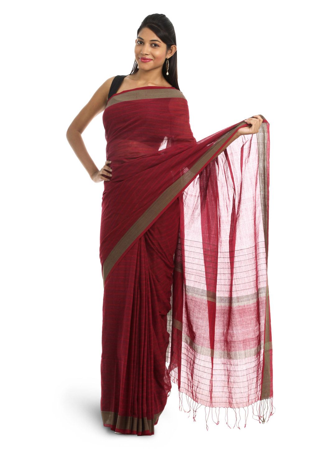 Fabindia Red Self-Striped Saree