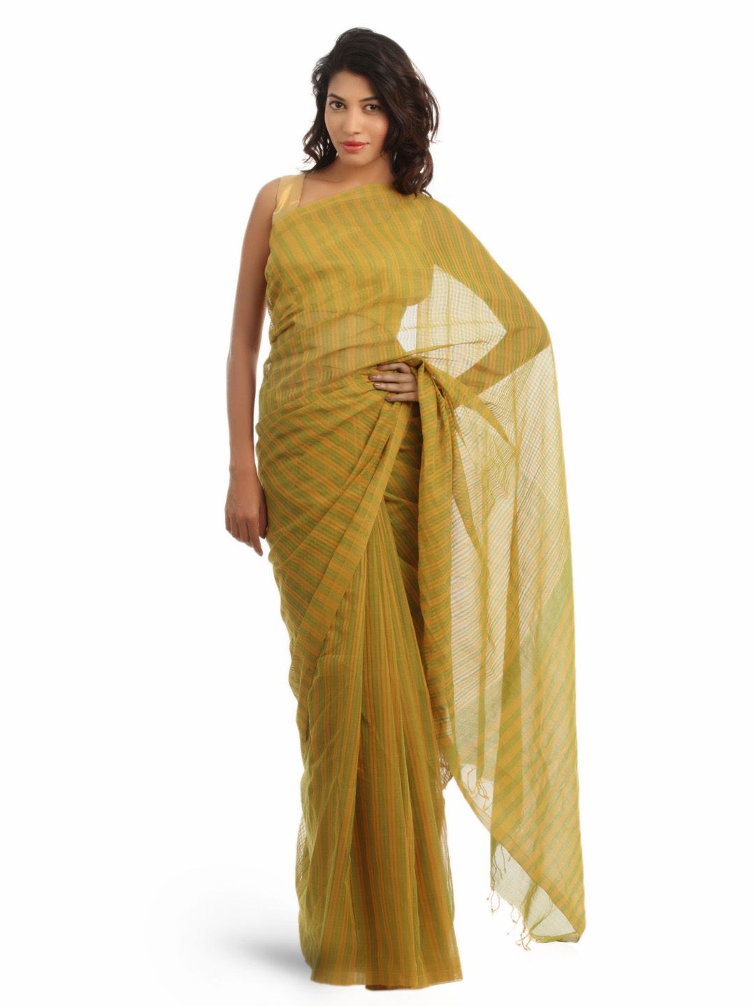 Fabindia Mustard Yellow & Green Striped Mangalgiri Saree
