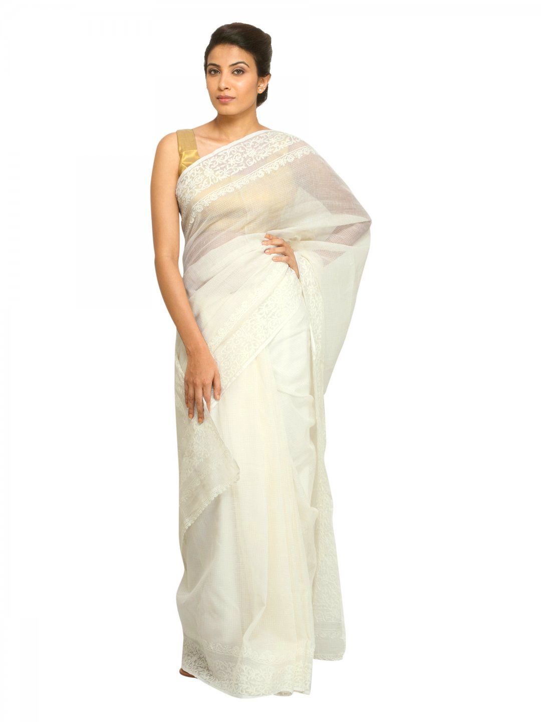 Fabindia Women White Cotton Silk Saree