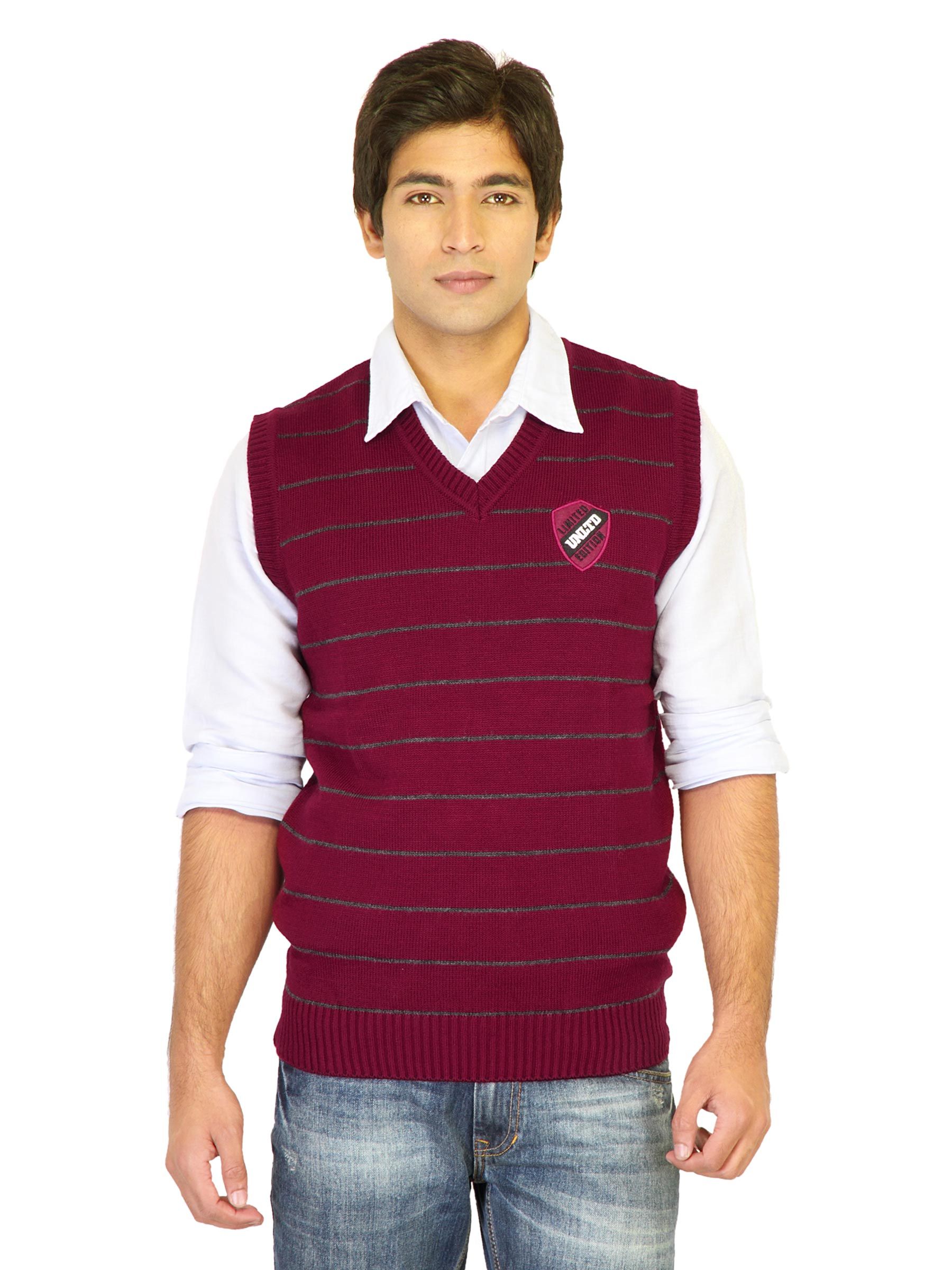 Indigo Nation Men Stripes Maroon Sweaters