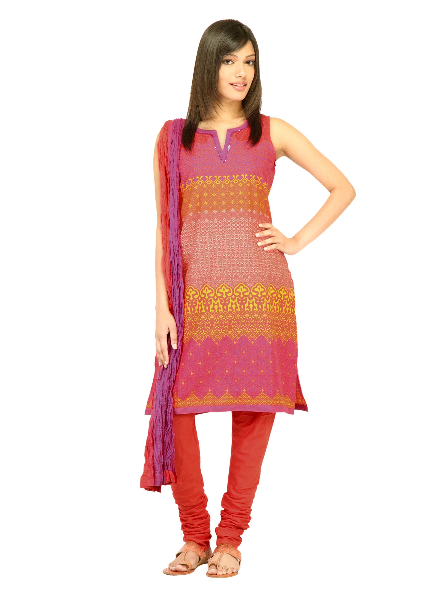 Biba Women Red Printed Churidar Kurta with Dupatta