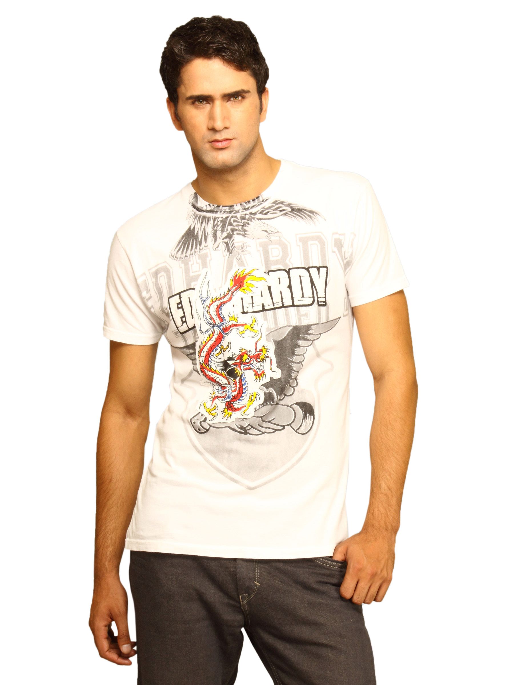 Ed Hardy Men's White Blue Dragon T-shirt