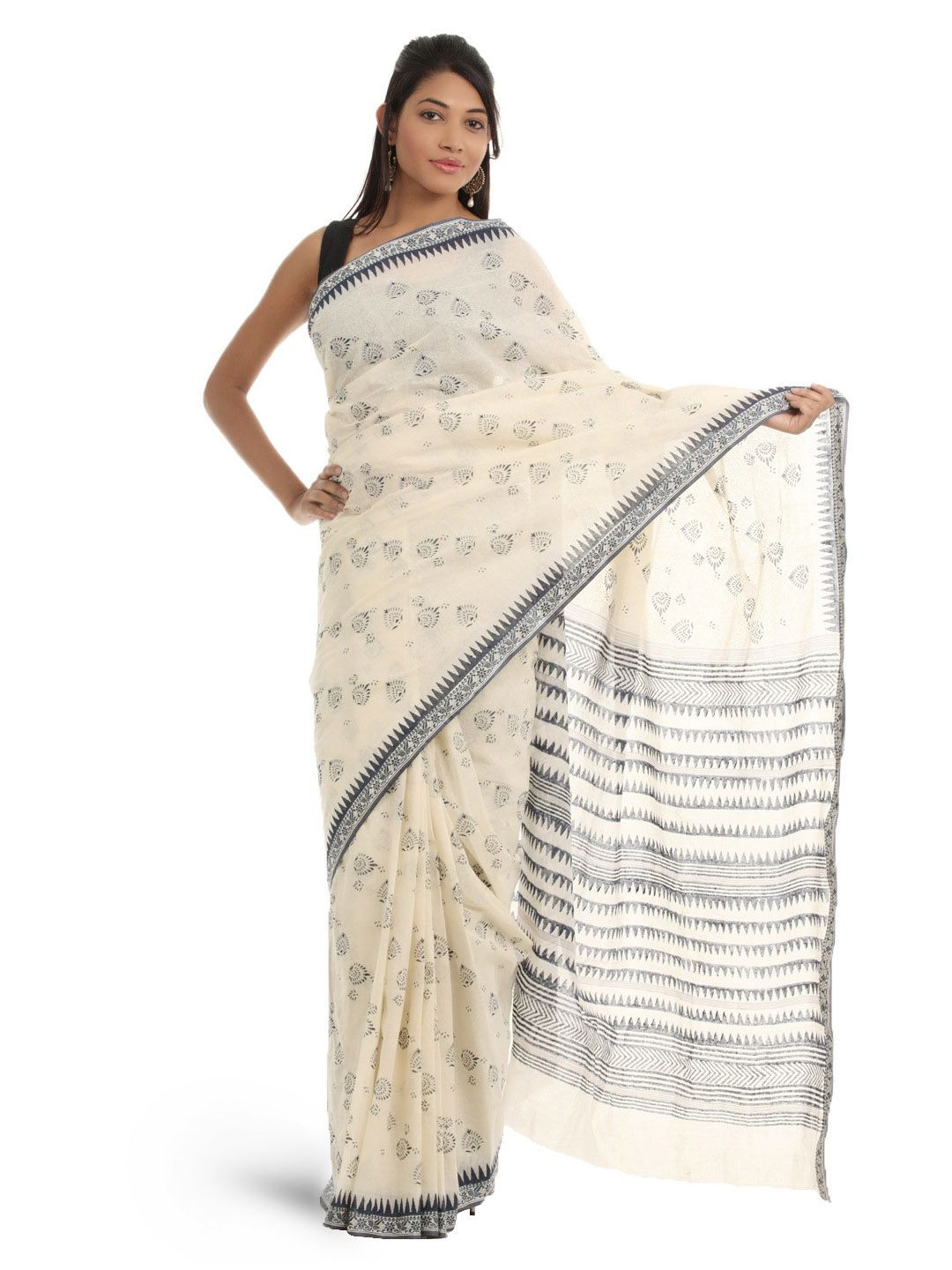 Fabindia Cream-Coloured & Blue Hand Printed Saree