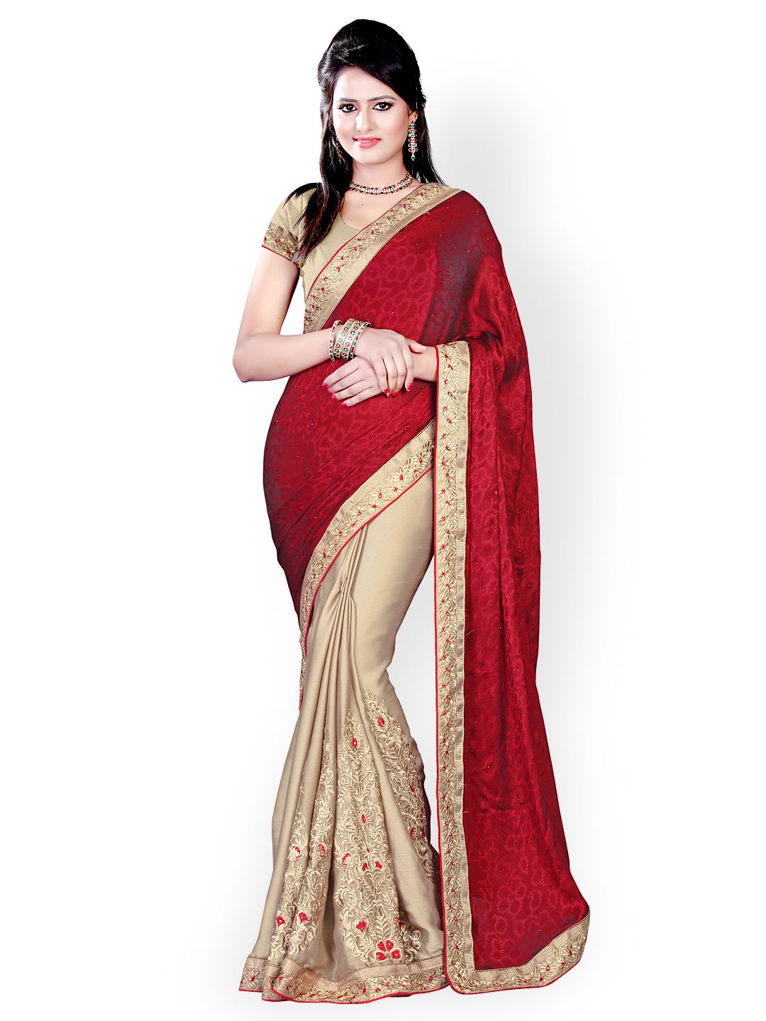 Buy Akoya Maroon & Beige Jacquard Fashion Saree Embellished Saree for