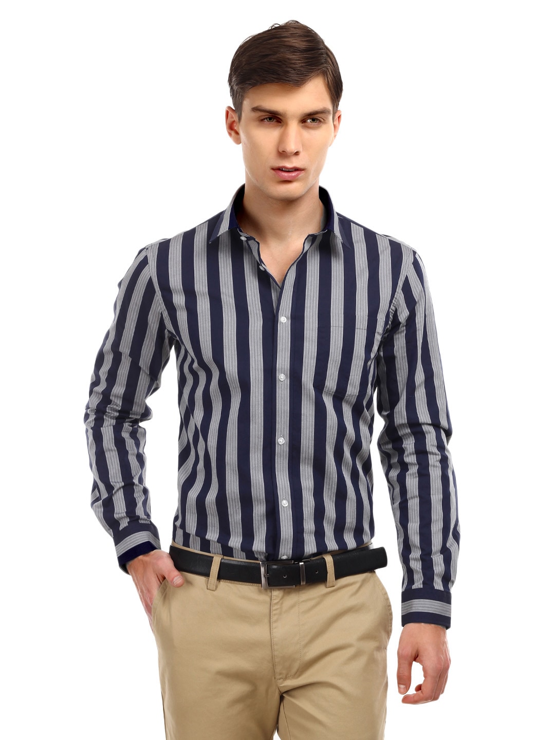 Arrow New York Men Navy   Grey Striped Slim Fit Semi Formal Shirt_3f32c1daba282b979aa6092a9d970e74_images