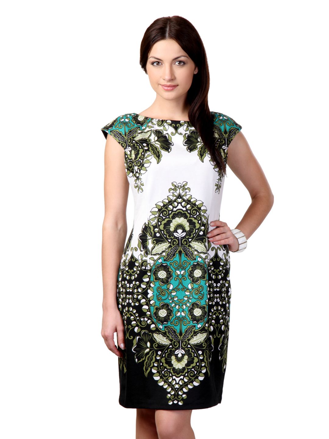 Avirate Cream & Olive Green Printed Dress