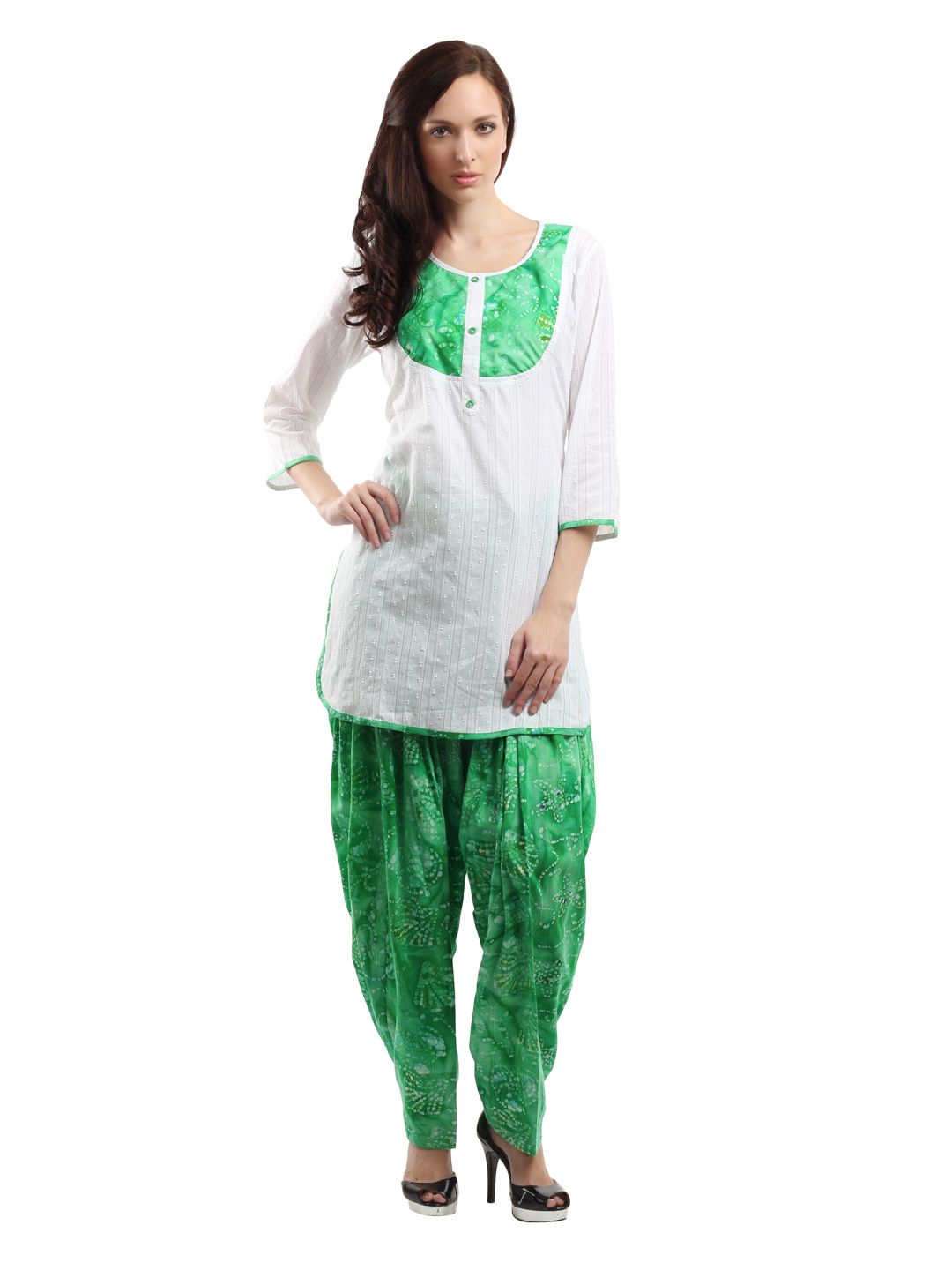 Ayaany Women White & Green Self-Design Patiala Kurta Set
