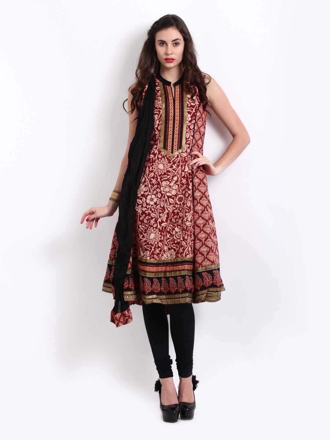 Buy BIBA Women Maroon & Cream Coloured Printed Churidar Kurta Set 553