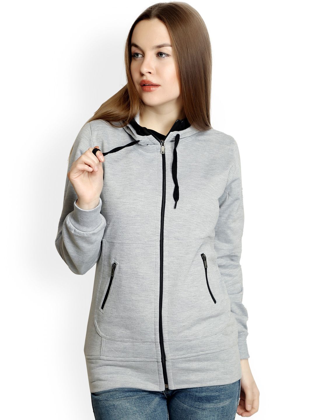 Belle Fille Women Grey Melange Solid Hooded Sweatshirt Price in India