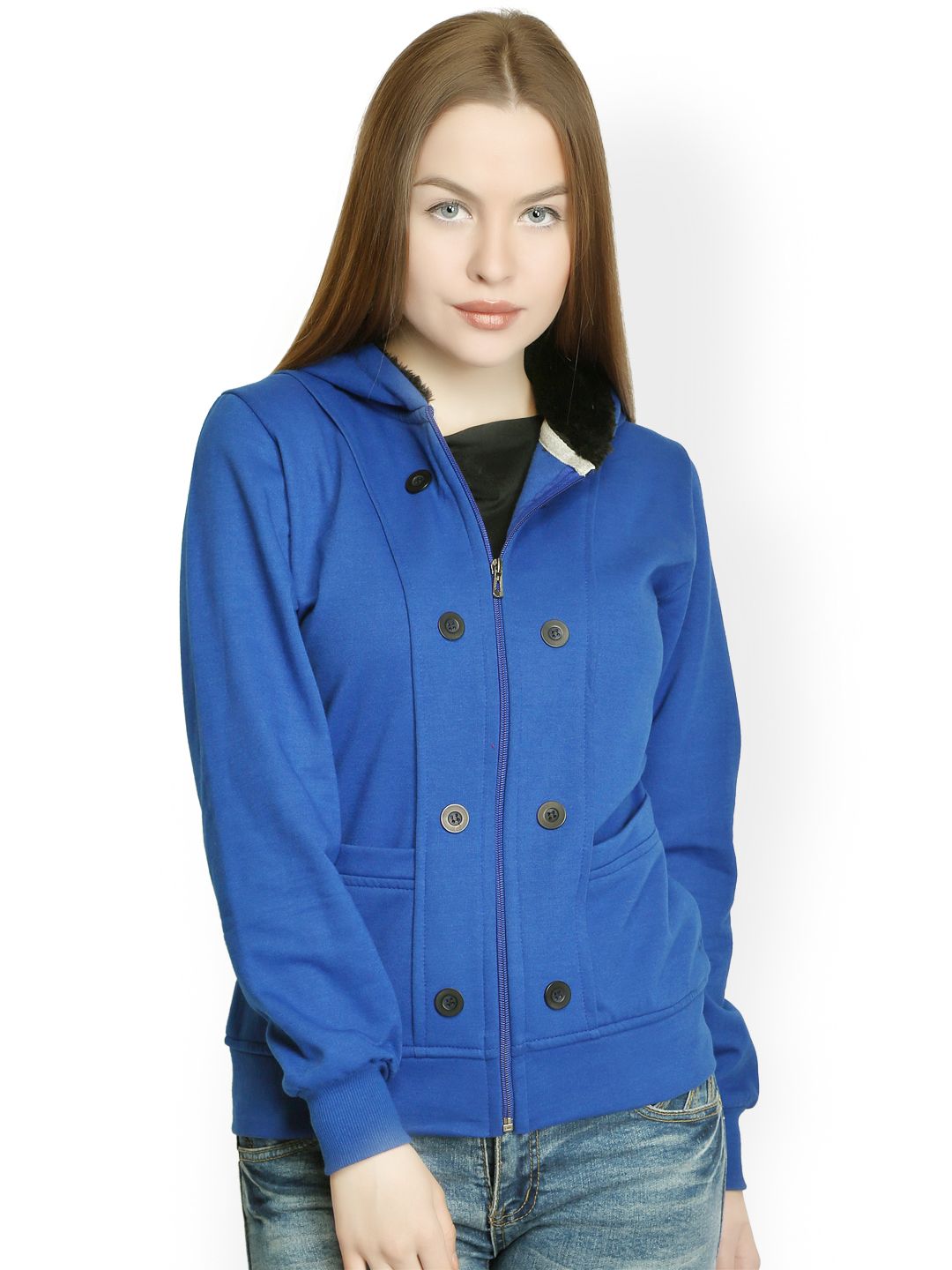Belle Fille Women Royal Blue Hooded Sweatshirt Price in India