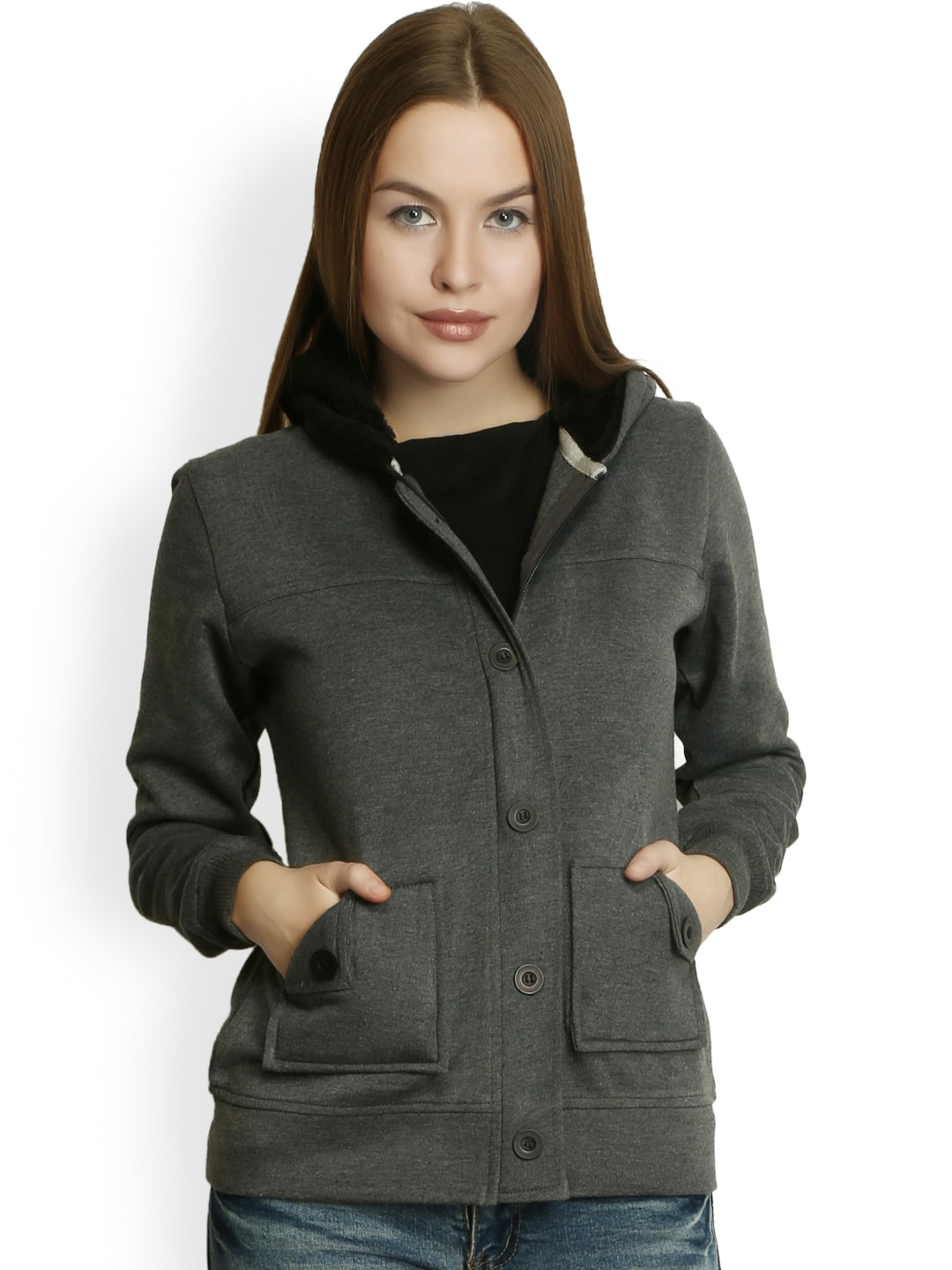 Belle Fille Women Grey Hooded Jacket Price in India