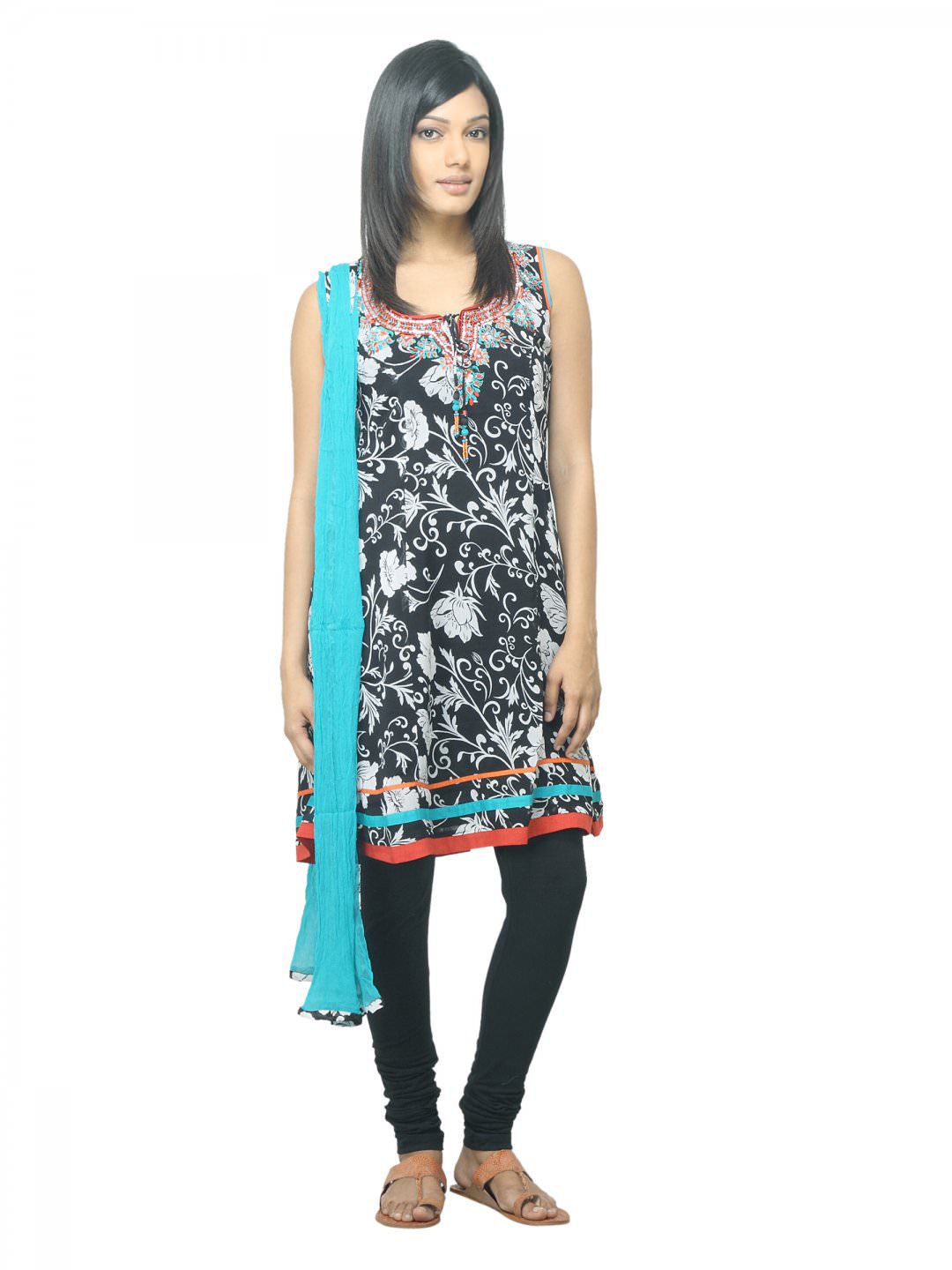 Biba Women Black Printed Churidar Kurta with Dupatta