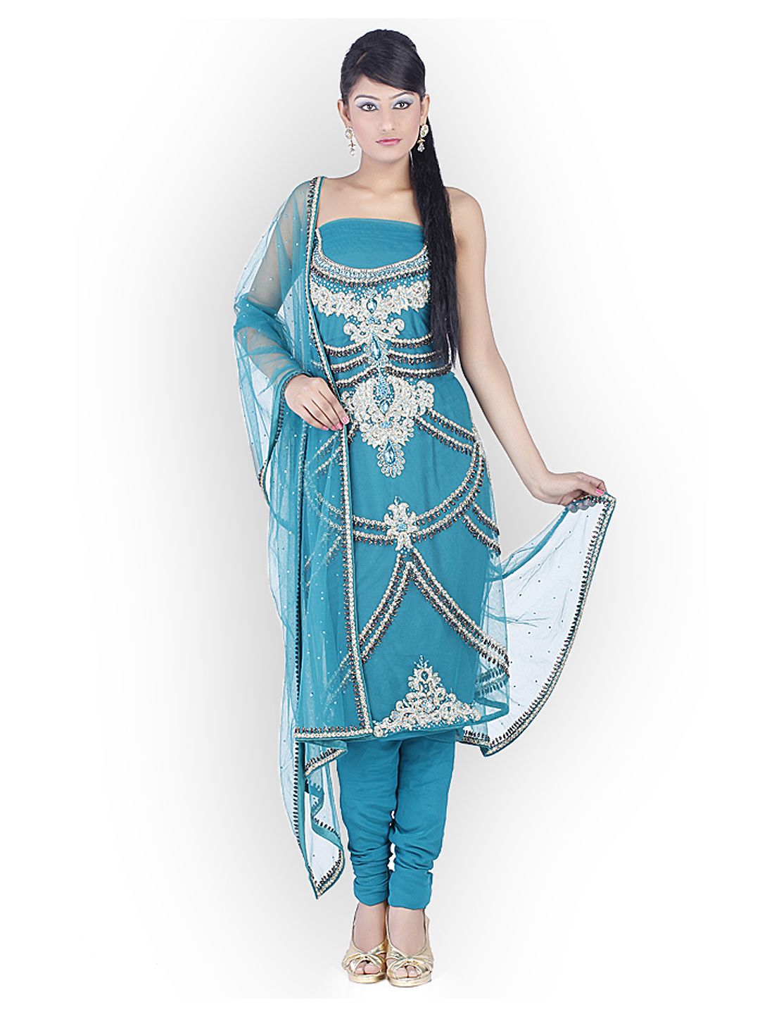 Chhabra 555 Blue Embroidered Unstitched Dress Material Price in India