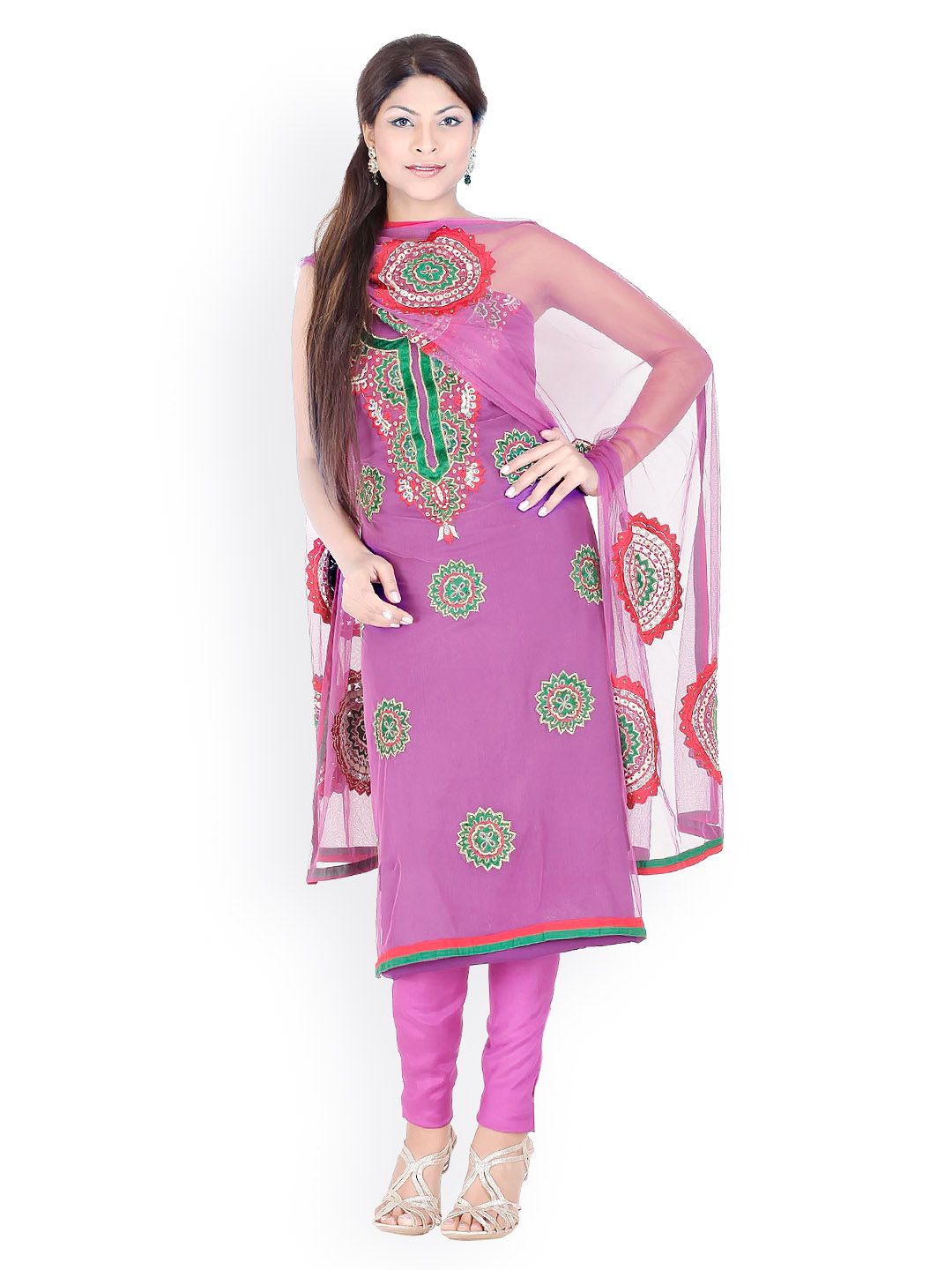 Chhabra 555 Pink Embroidered Unstitched Dress Material Price in India