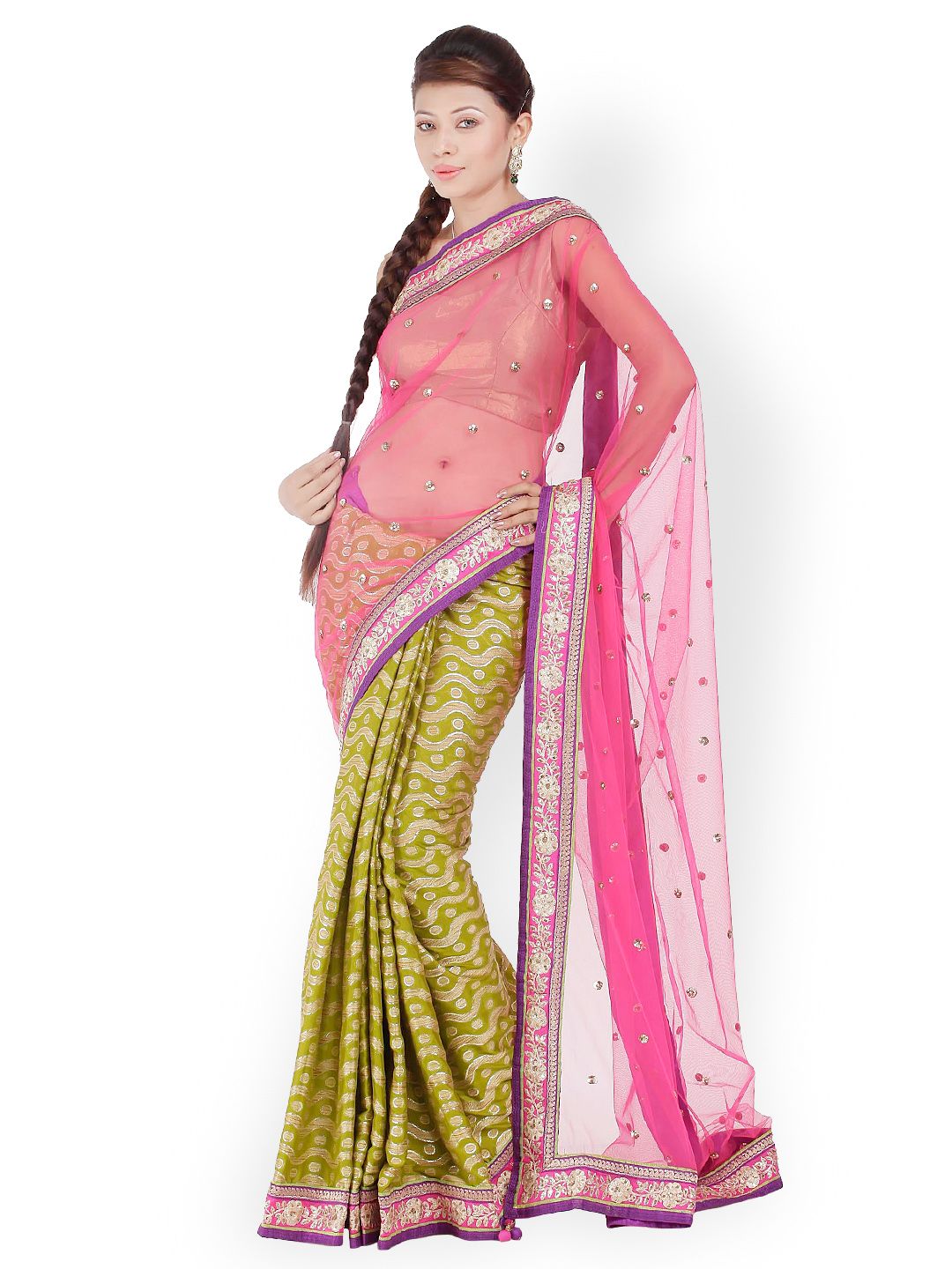 Chhabra 555 Pink & Green Embroidered Net Fashion Saree Price in India