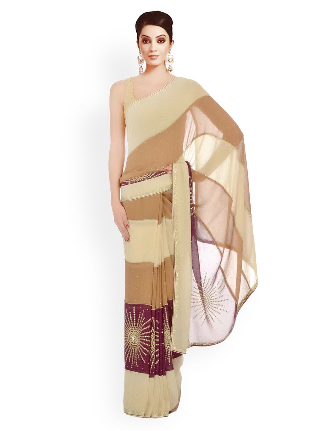 Chhabra 555 Beige & Brown Embroidered Georgette Fashion Saree Price in India