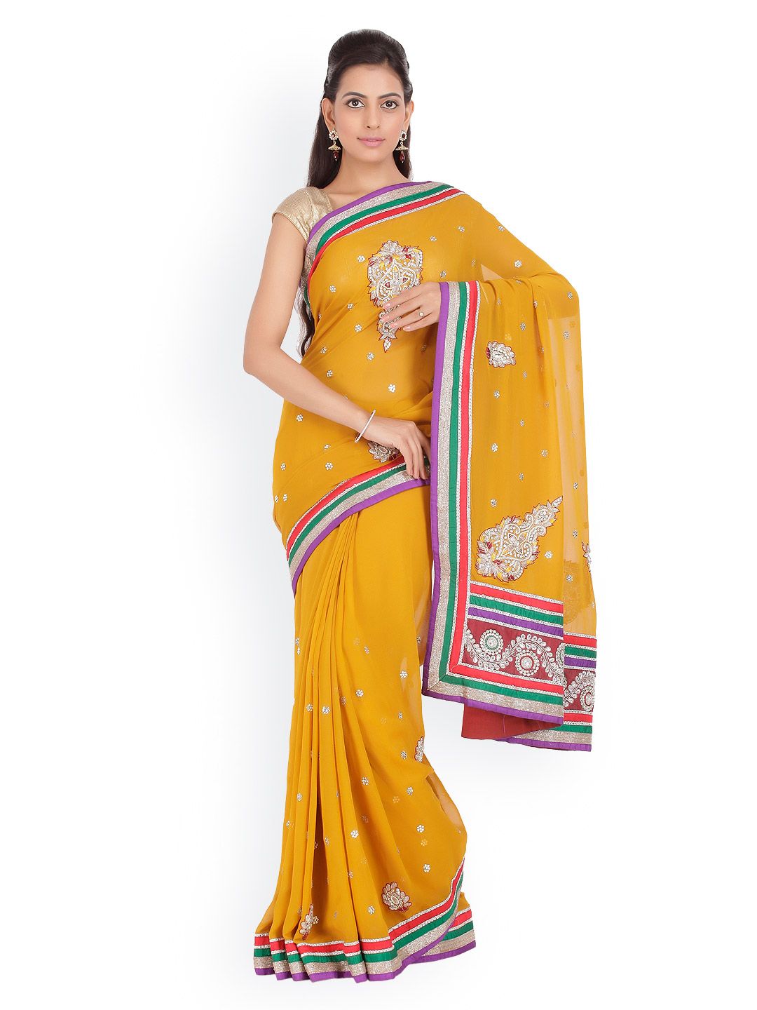 Chhabra 555 Yellow Embellished Georgette Fashion Saree Price in India