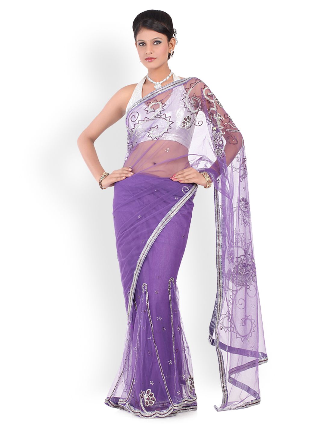 Chhabra 555 Purple Embroidered Nylon Fashion Saree Price in India