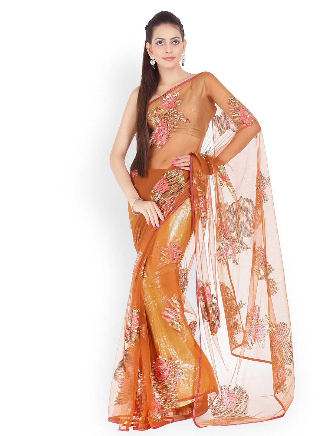 Chhabra 555 Orange Embroidered Nylon Fashion Saree Price in India