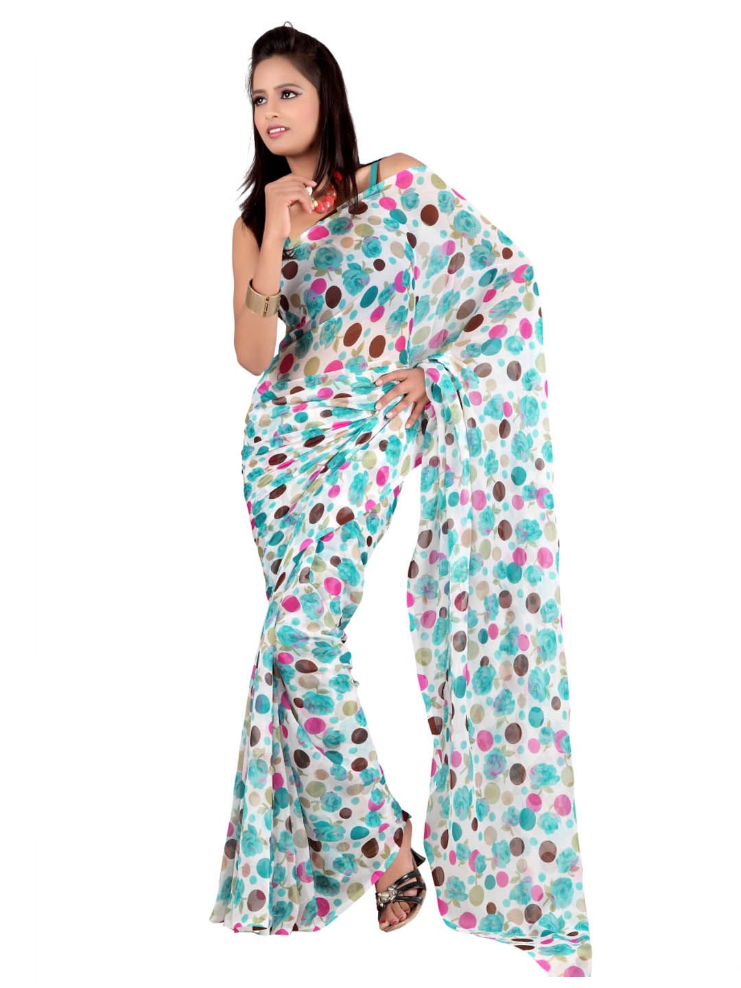 FNF White Printed Sari