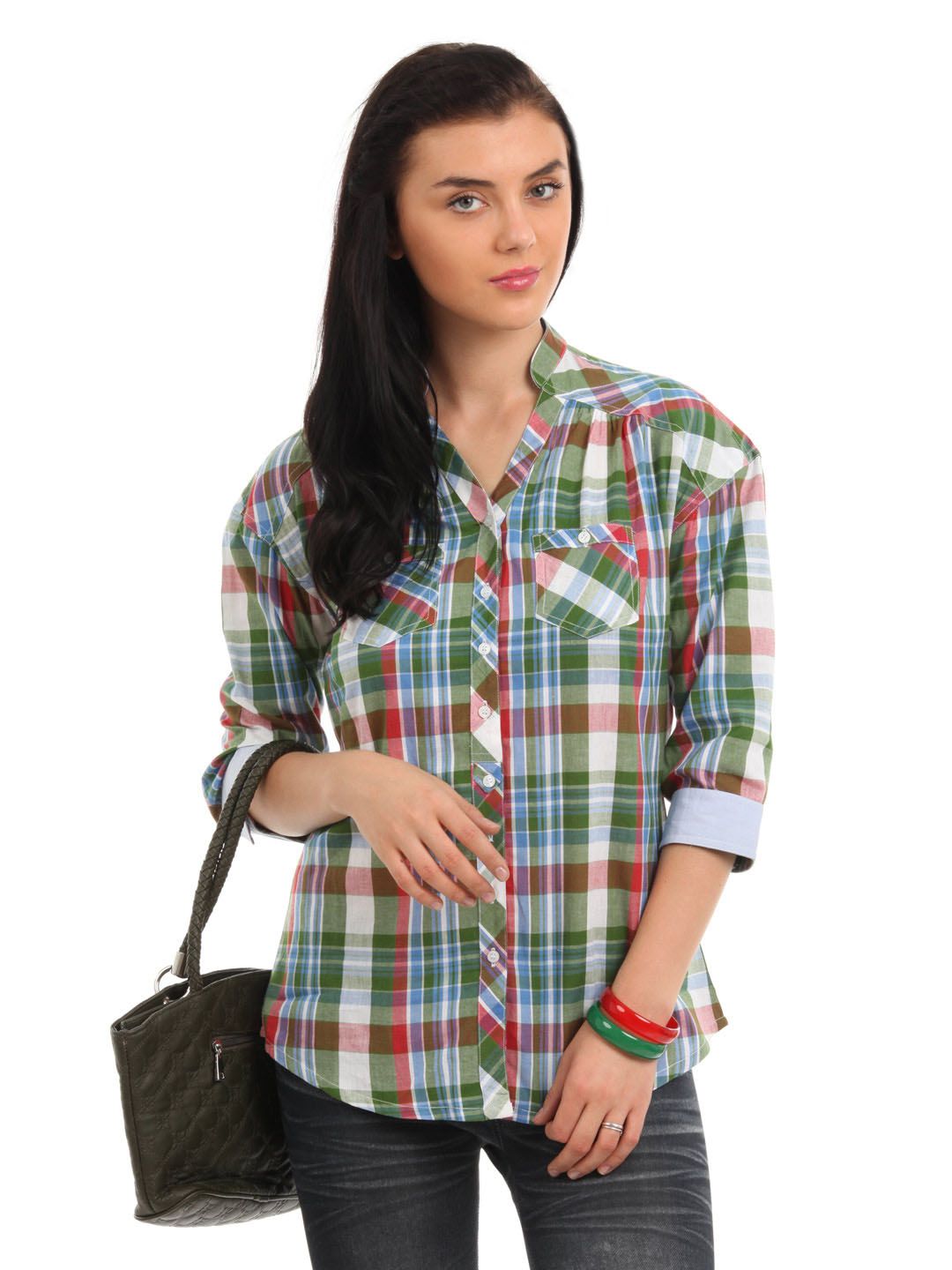 Femella Women Green Check Shirt
