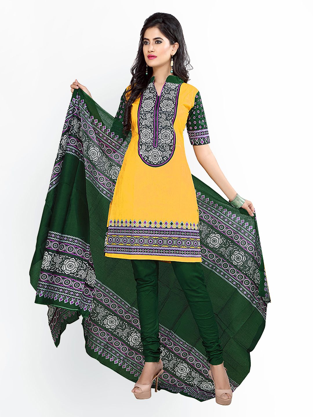 Florence Yellow & Green Polycotton Unstitched Dress Material Price in India