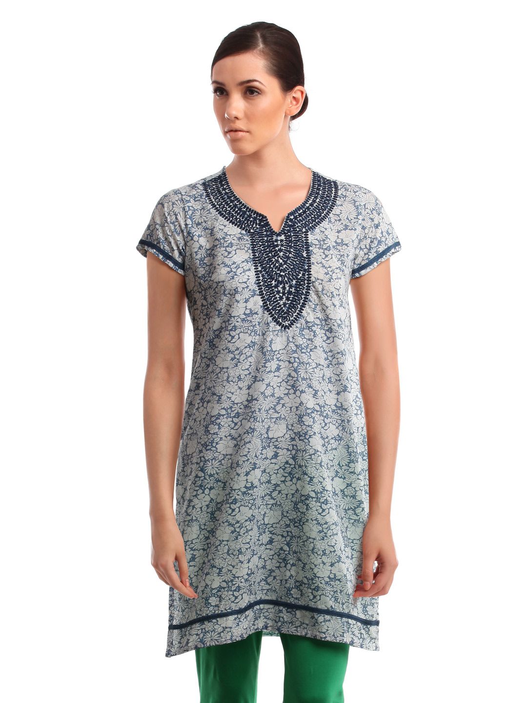 Folklore Women White & Blue Printed Kurta