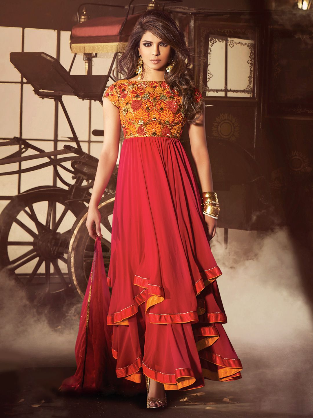fitted lace wedding dress Embroidered Cotton Dress Material with Chiffon Dupatta – RKG SHOPPING main image 0