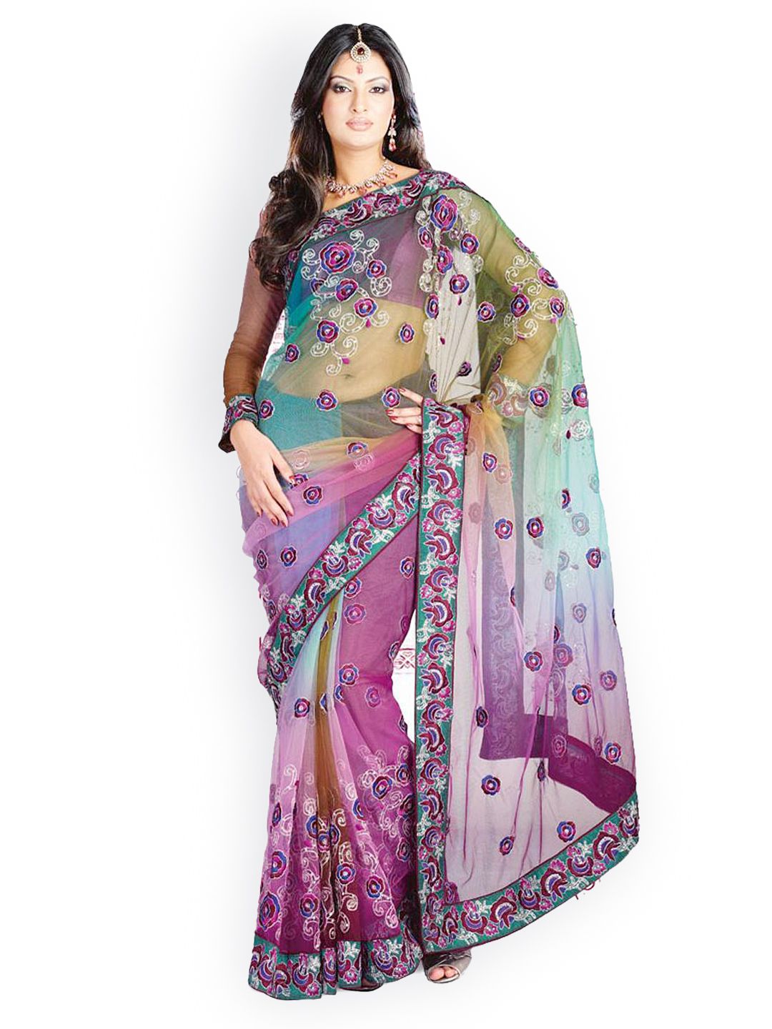 Buy Ishin Multicoloured Net Embellished Saree - Embellished Saree for Women | Myntra