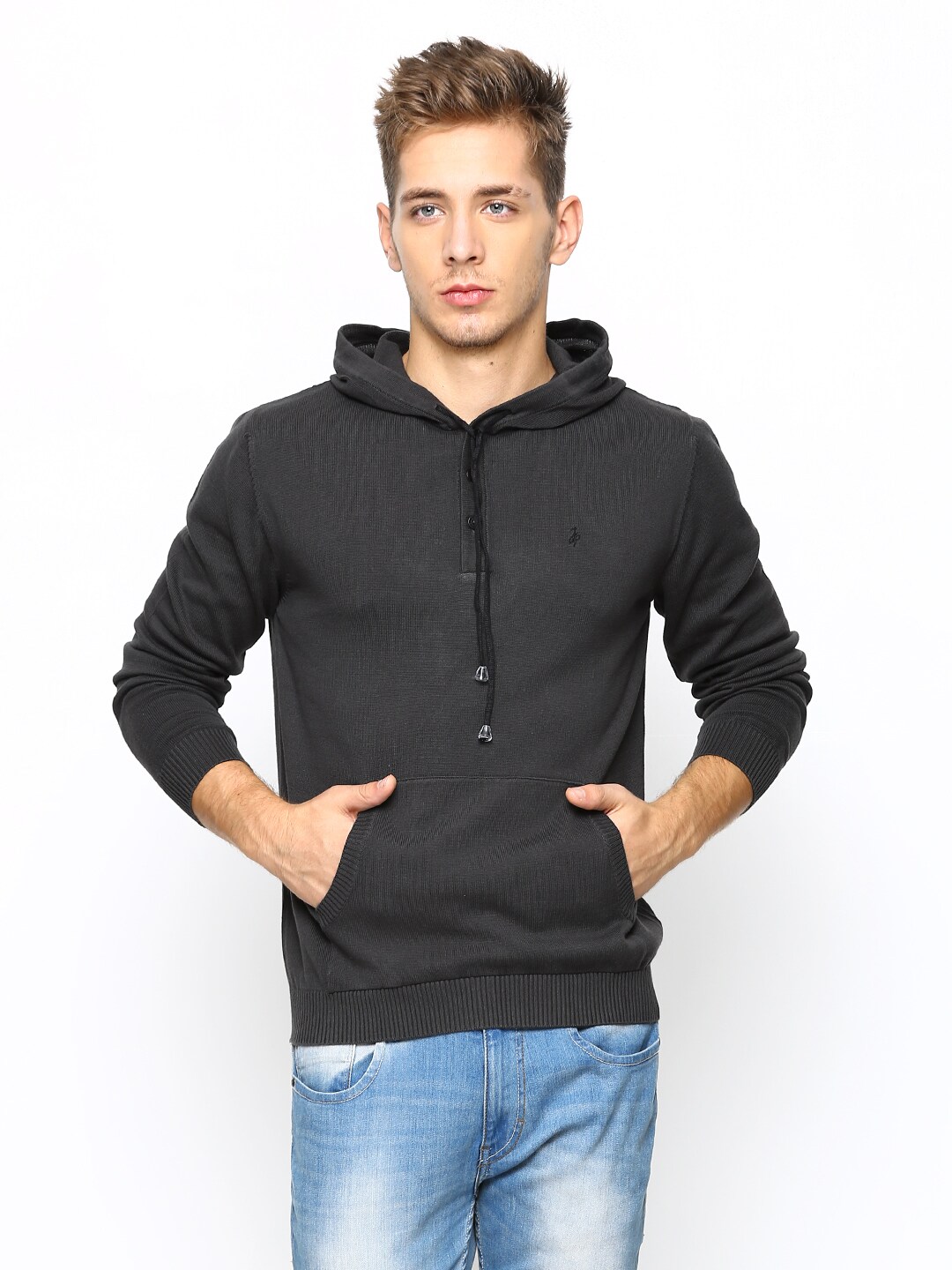 John Players Men Charcoal Grey Hooded Sweater (multicolor)