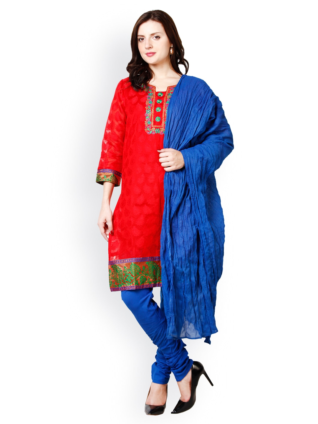 Kyla F Red & Blue Jacquard Churidar Kurta with Dupatta (multicolor)