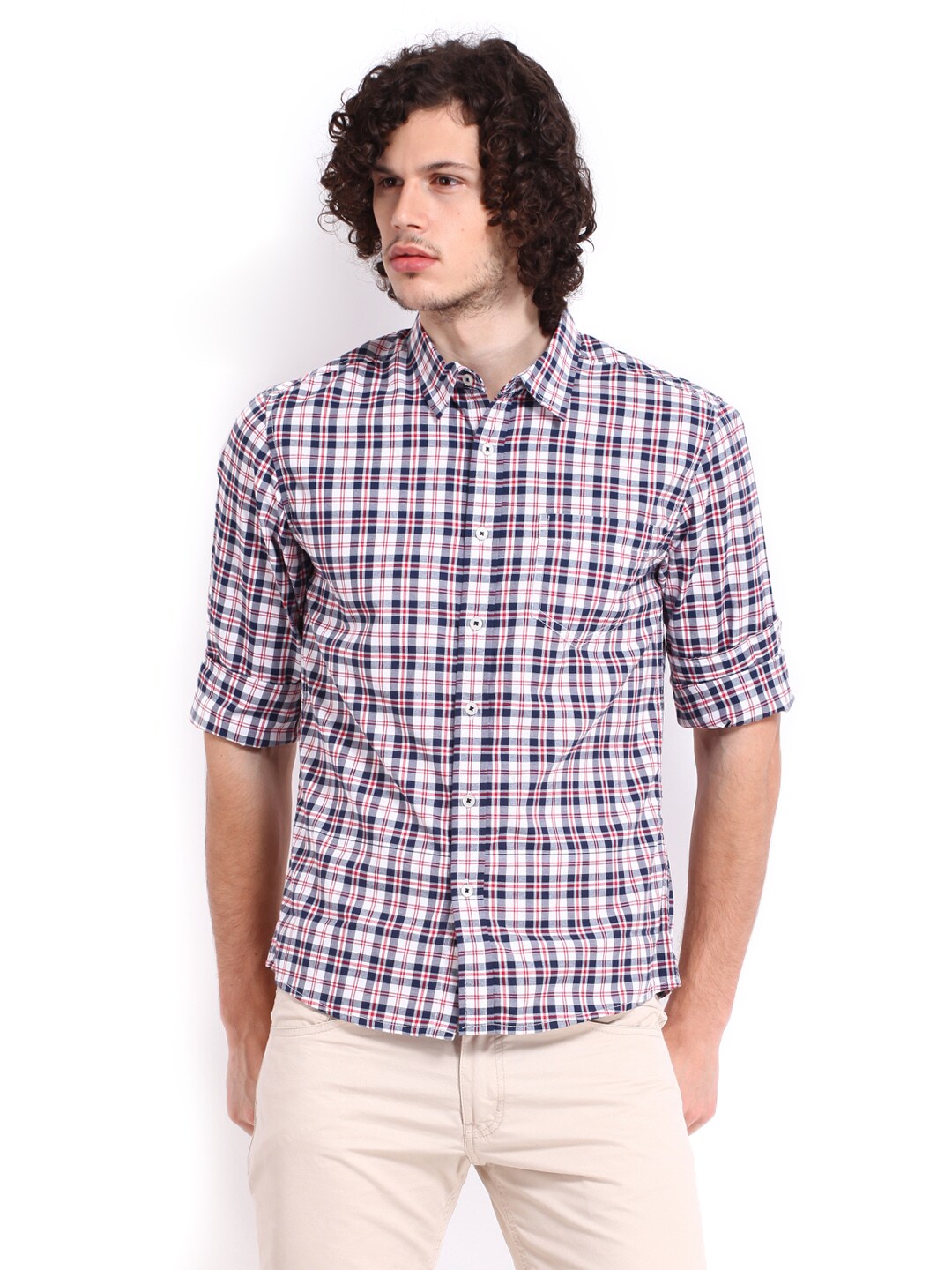 People Men White  Navy Slim Fit Checked Casual Shirt 