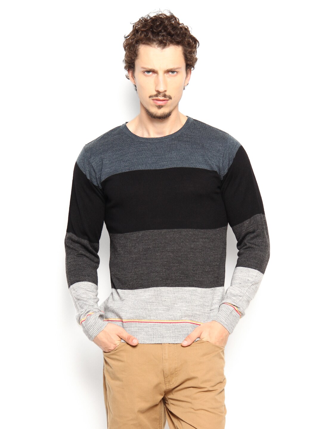 Peter England Men Grey & Black Striped Sweater (multicolor)