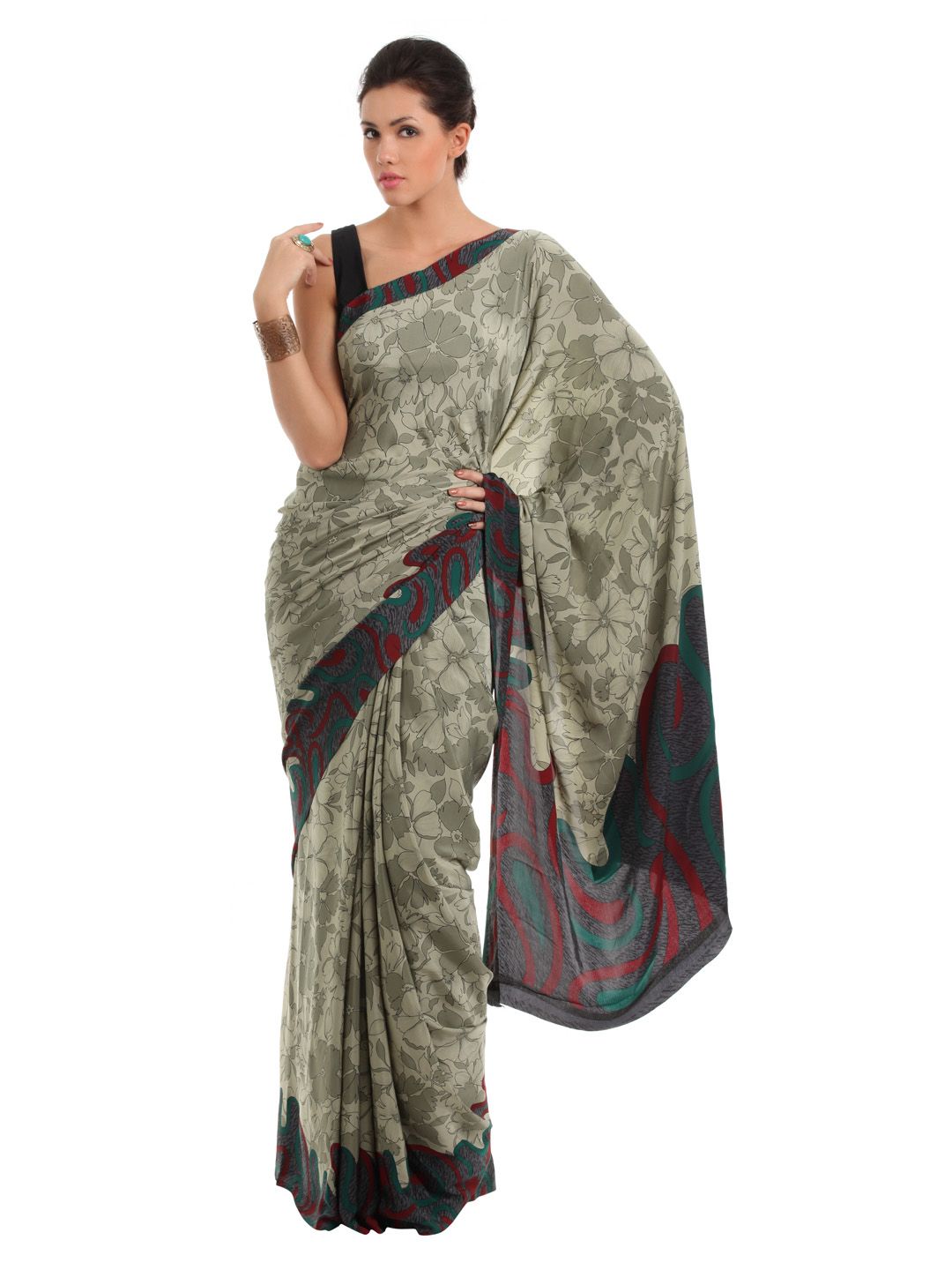Prafful Grey & Red Sari