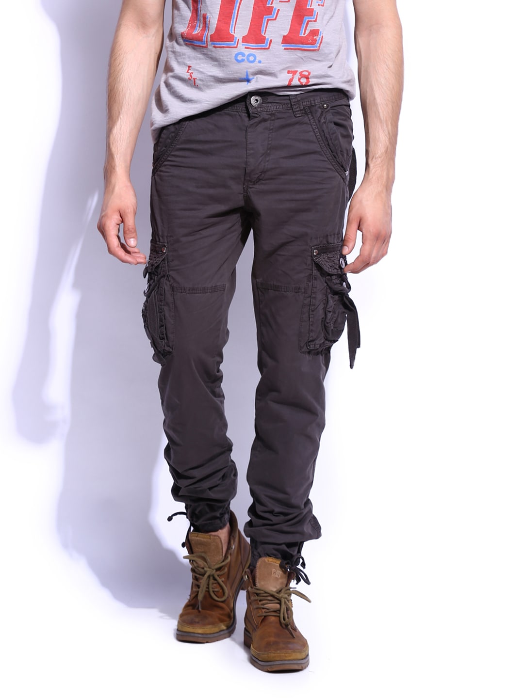 Buy RDSTR Men Charcoal Grey Slim Fit Cargo Trousers - Trousers for ...